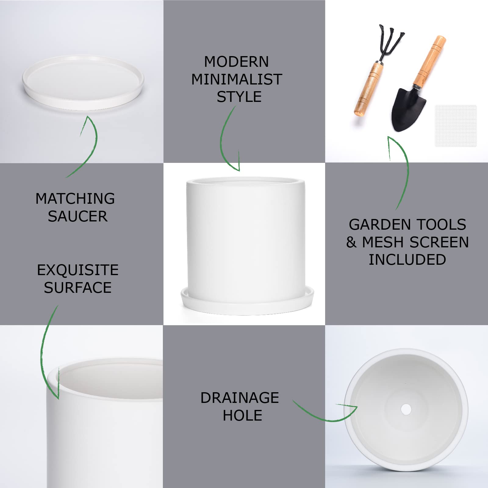 10 Inch Ceramic Plant Pots with Drainage Hole & Saucer - Matte White Modern Cylinder Planter for Indoor Outdoor Plants & Flowers - Full Glazed Finish - Perfect for Home Decor, Office, Garden & Patio