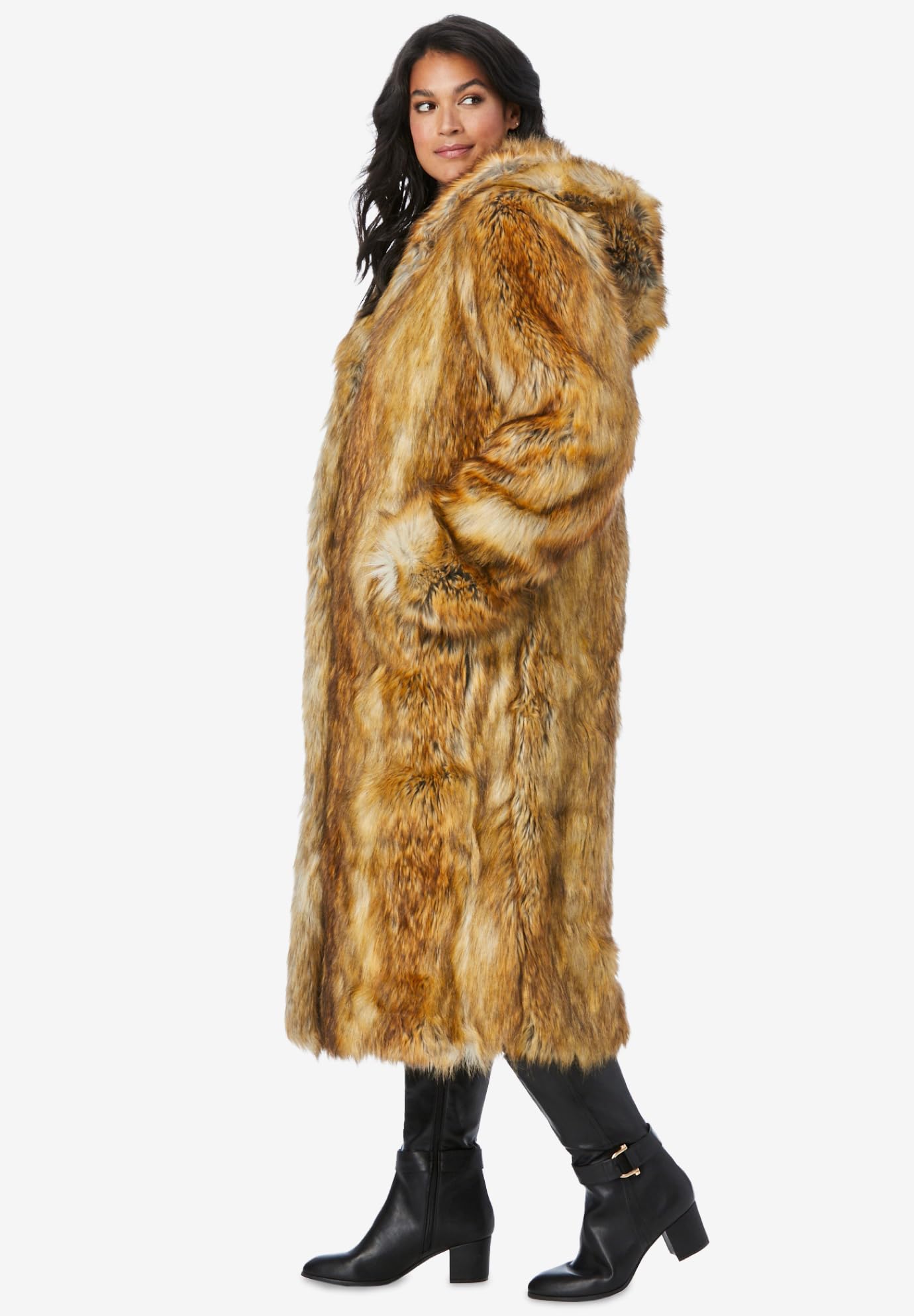 Roaman's Women's Plus Size Hooded Long Faux Fur Coat - Warm Winter Jacket for Casual Outings & Outdoor Activities