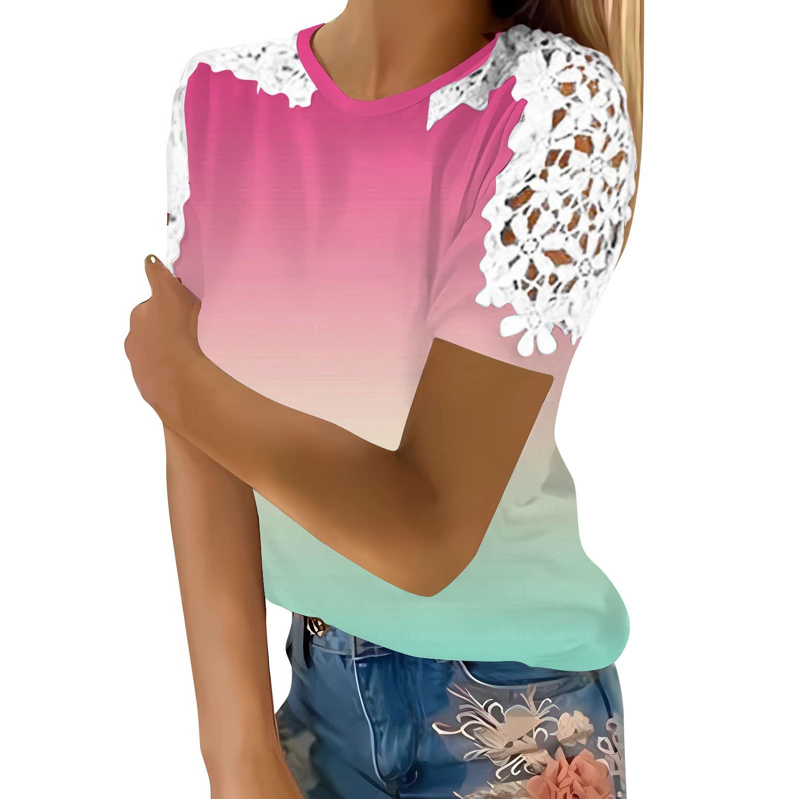 QIYIGUO Women's Floral Print Cotton T-Shirt - Loose Fit Short Sleeve Hollow Stitching Casual Top (Pink) | Perfect for Summer Outfits, Beach Wear & Everyday Comfort