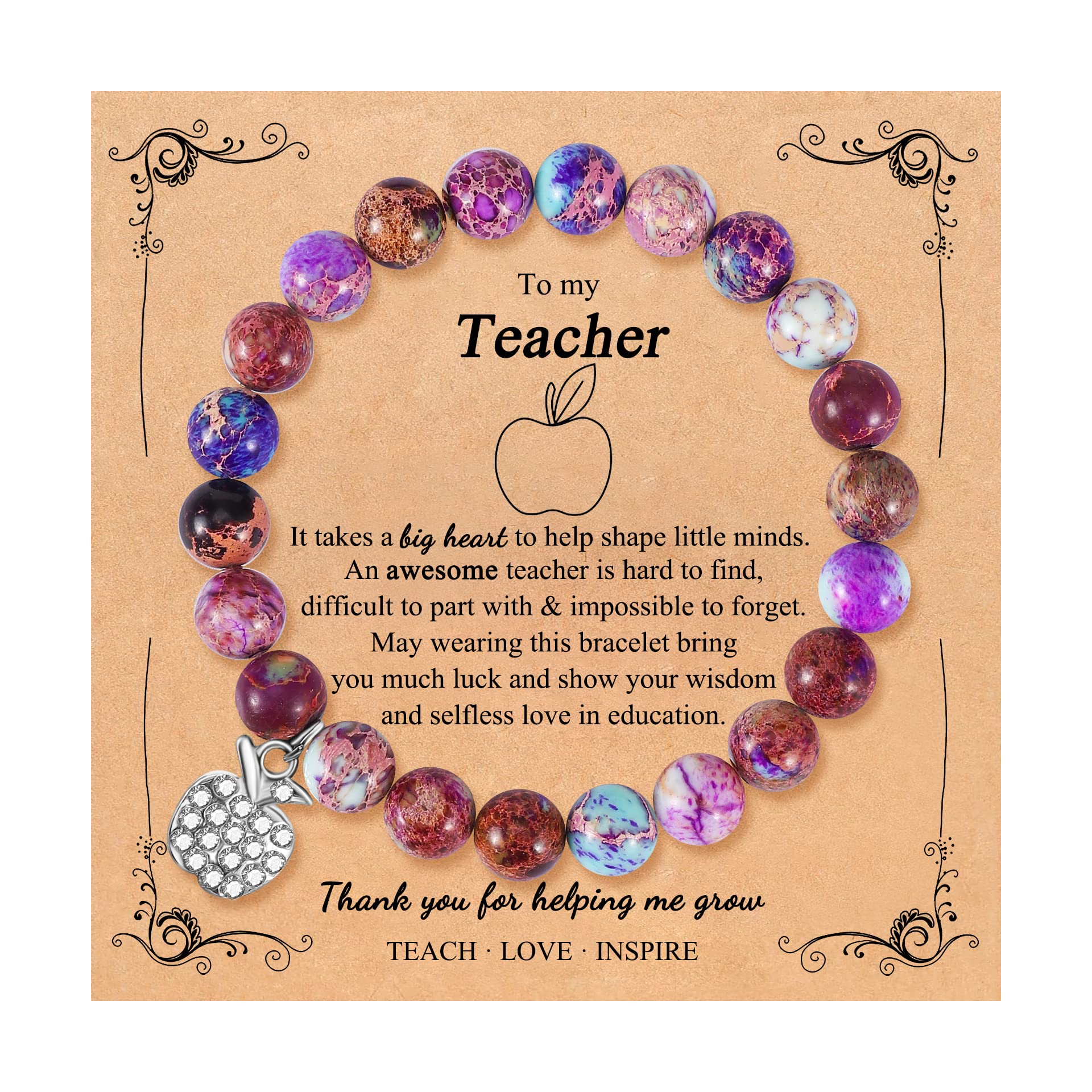 Teacher Bracelet Gift for Women - Natural Stone Jewelry with Apple Bee Charm for Graduation & Appreciation
