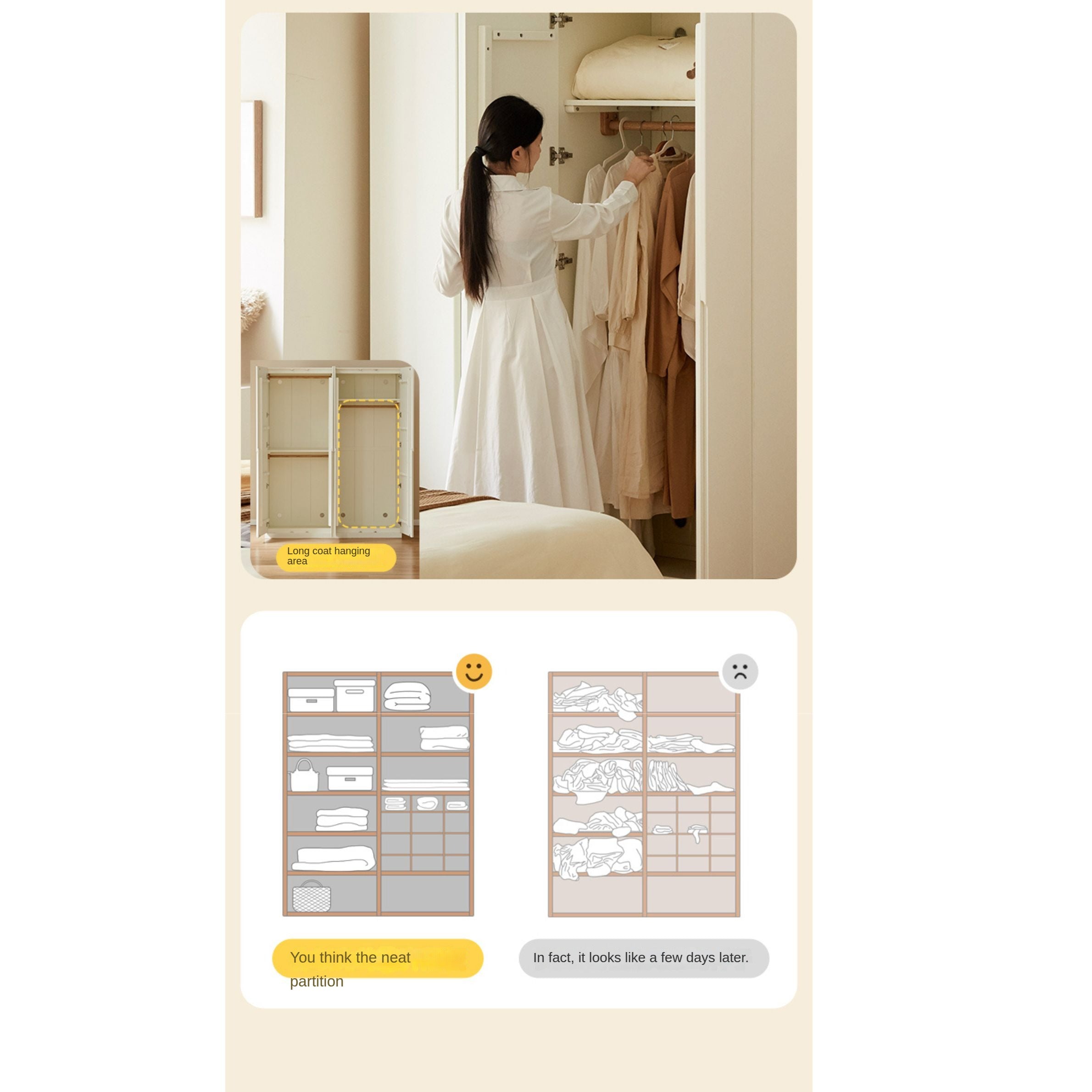 Modern Nordic Style Solid Wood Wardrobe - Beech & Rubber Wood, Cream Finish - Perfect for Bedroom, Living Room, and Office Storage
