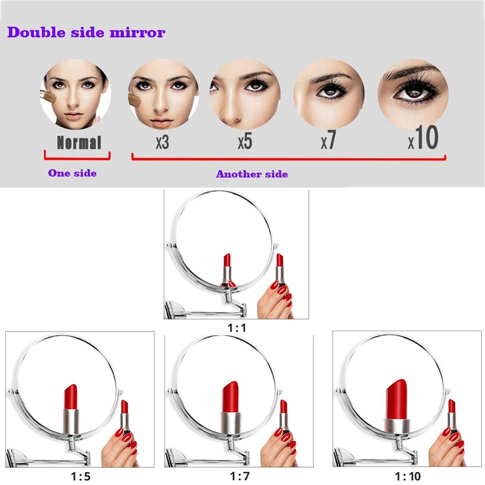 8 Inch Wall Mount Makeup Mirror with LED Lights - Double Sided 360° Swivel Vanity Mirror with 10X Magnification, Extendable Arm for Bathroom & Hotel Use - Gold Finish (Plug-in)