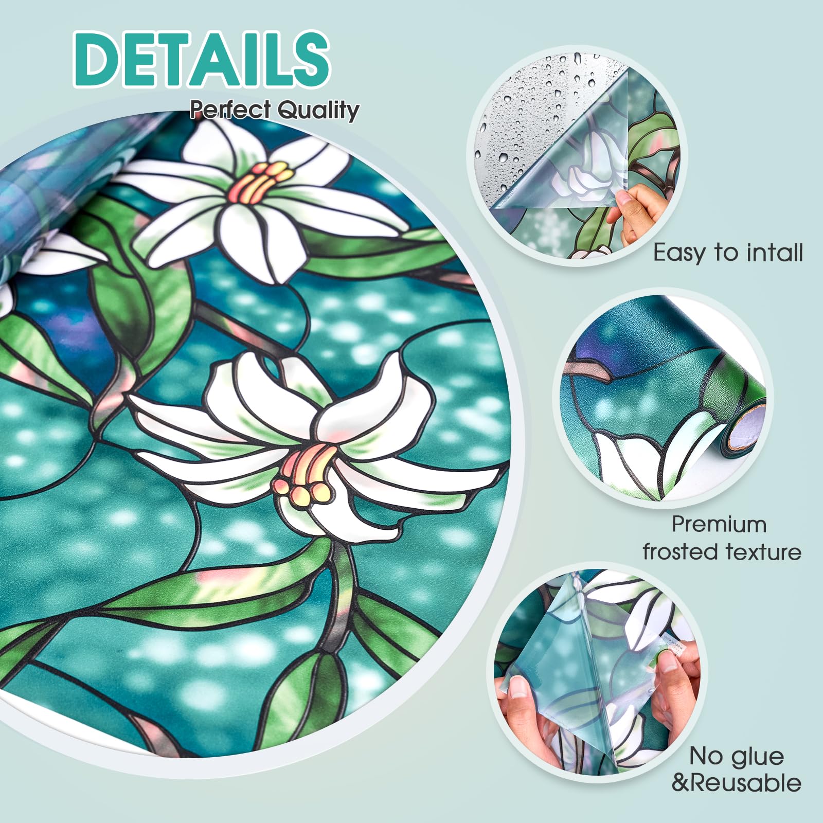 Coavas Frosted Stained Glass Privacy Window Film - Non-Adhesive Vinyl Window Tint for Bathroom & Home (23.6