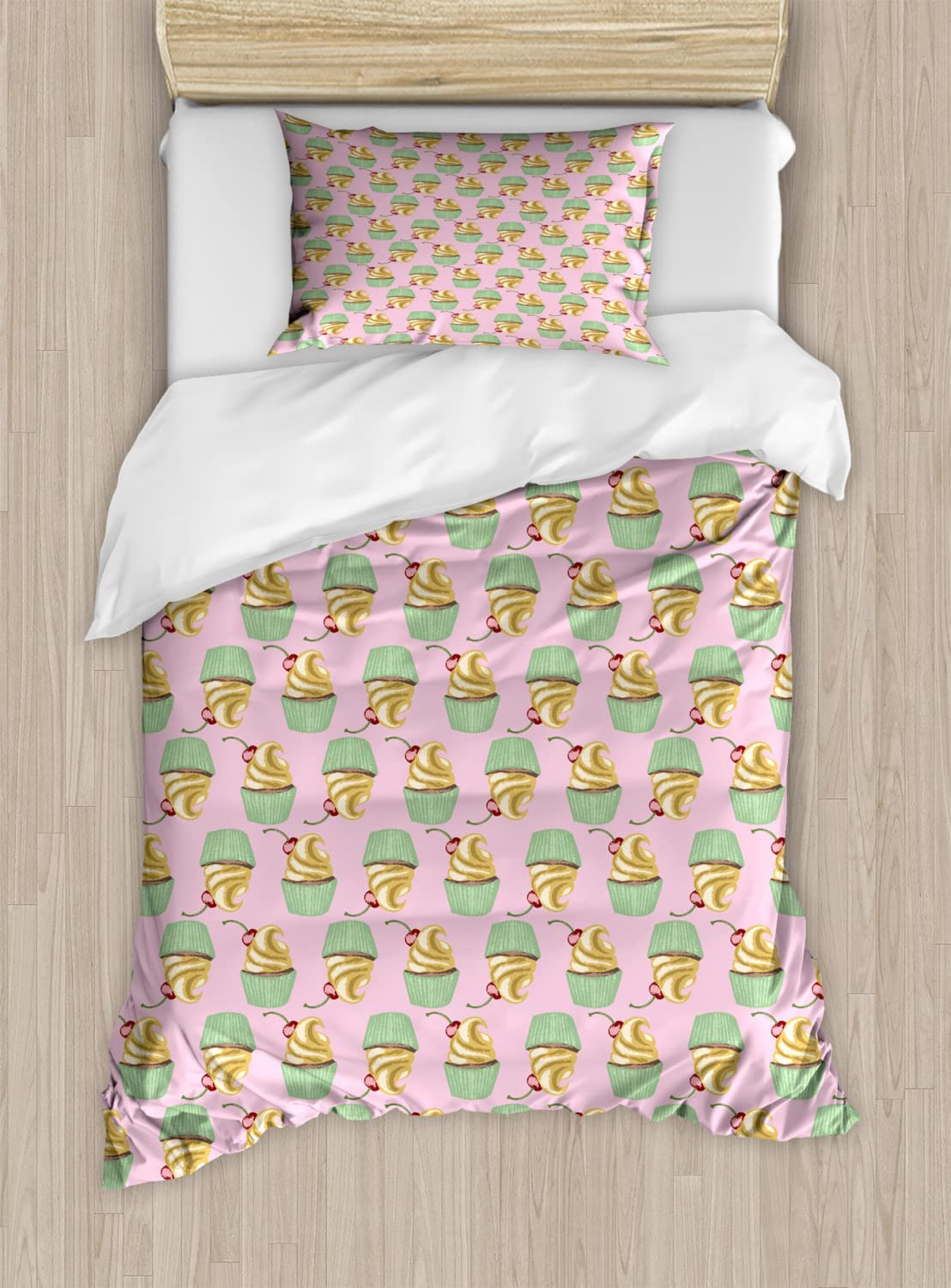 Ambesonne Cupcake Duvet Cover Set - Whipped Cream & Cherry Pastel Design, 2-Piece Queen Size Bedding with 4 Pillowcases - Sweet Bakery Theme for Bedroom Decor, Perfect for Teens & Cupcake Lovers