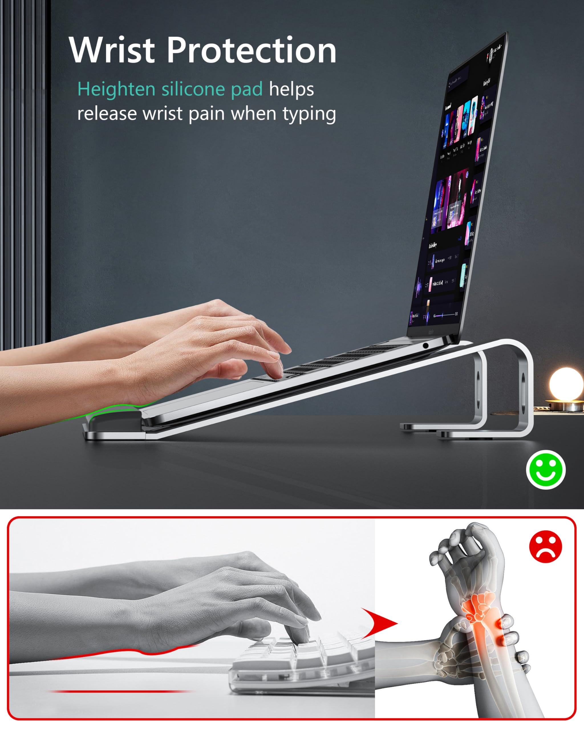 Aluminum Laptop Stand for Desk with Wrist Rest Pad, Detachable Laptop Mount for MacBook Air Pro, Dell, HP, 10-17 Inches Notebooks, Heavy Stable Holder, Silver - Perfect for Home Office and Gaming Setup
