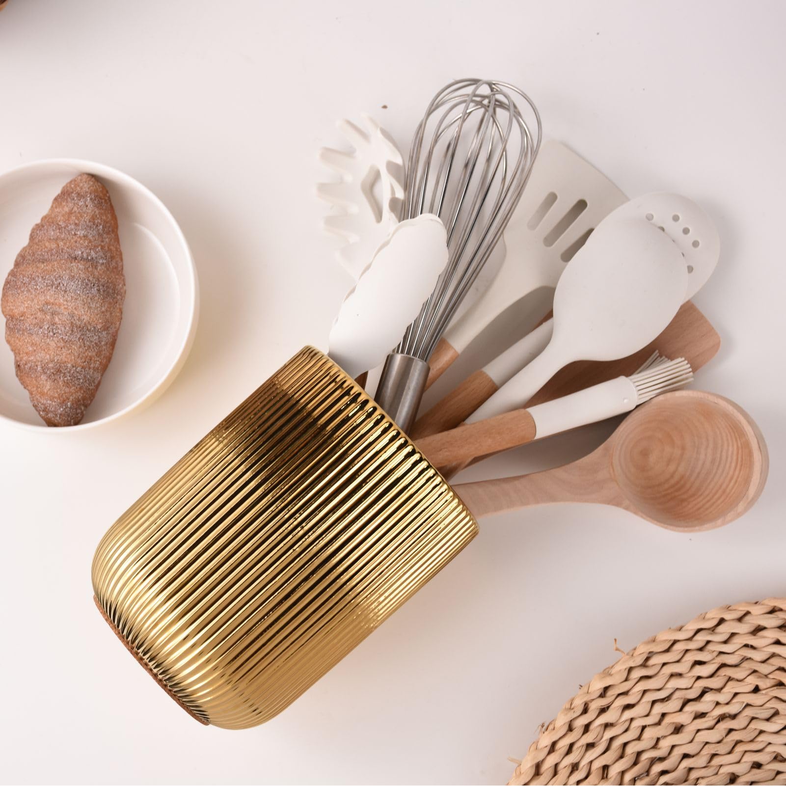 Premium Ceramic Kitchen Utensil Holder with Gold Accents - 5.1
