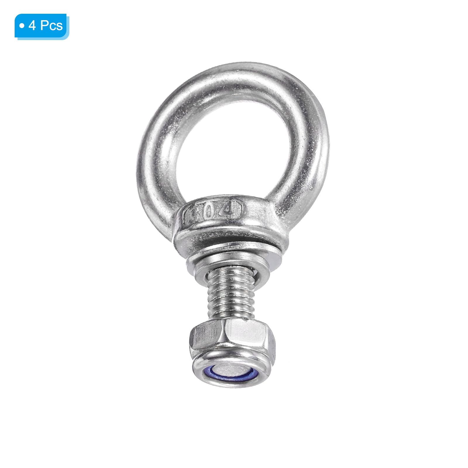 304 Stainless Steel M8 x 20mm Lifting Shoulder Eye Bolt with Nuts & Washers - 4Pcs Heavy Duty Eyebolt for Hanging Hammocks, Swing Chairs, Outdoor Decor & Home Improvement Projects