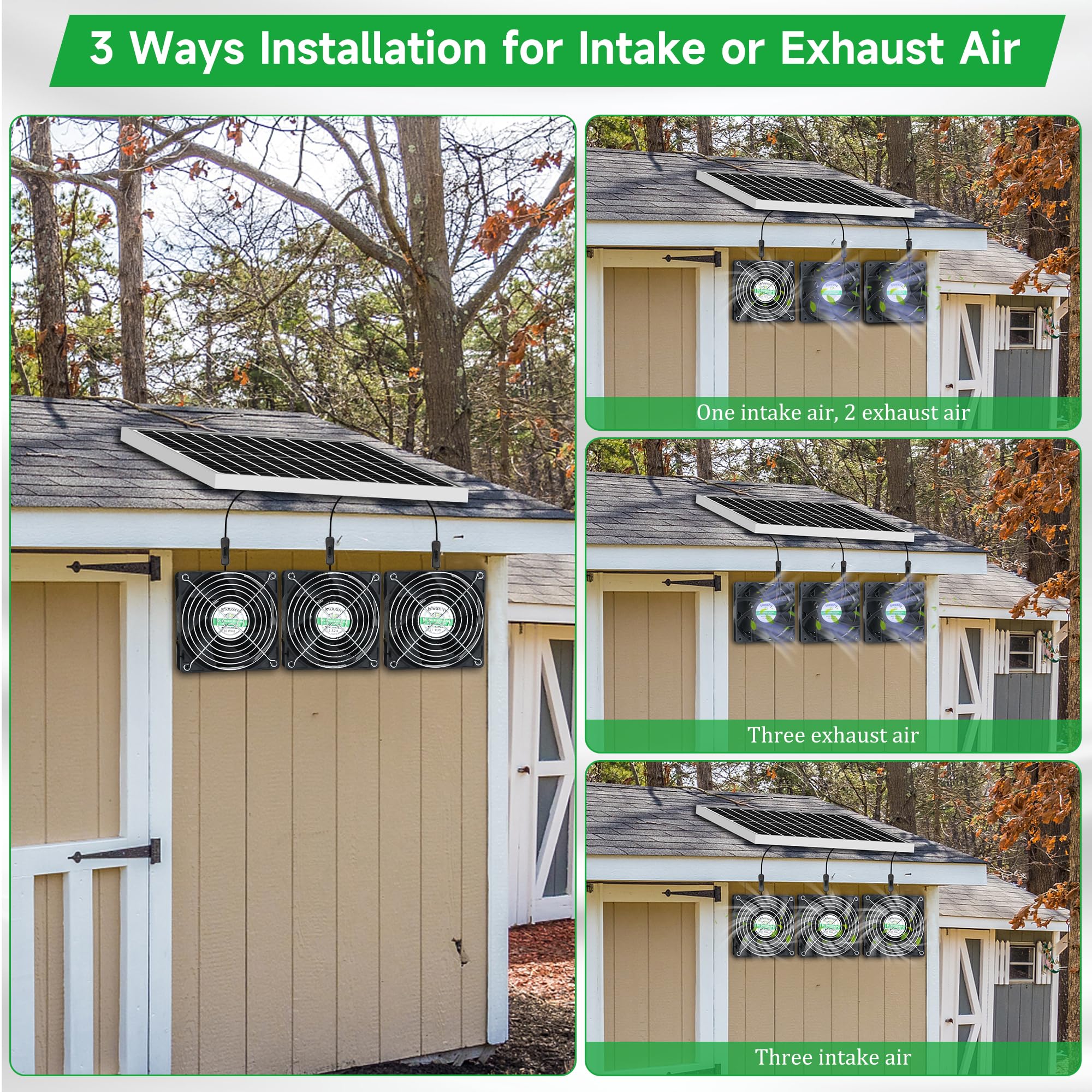 Solar Powered 3 Fan Kit - 25W Solar Panel with 15 ft Cord for Chicken Coop, Greenhouse & Outdoor Ventilation - IP67 Waterproof, 3500RPM - Perfect for Air Circulation in Poultry Houses, Grow Tents & Sheds