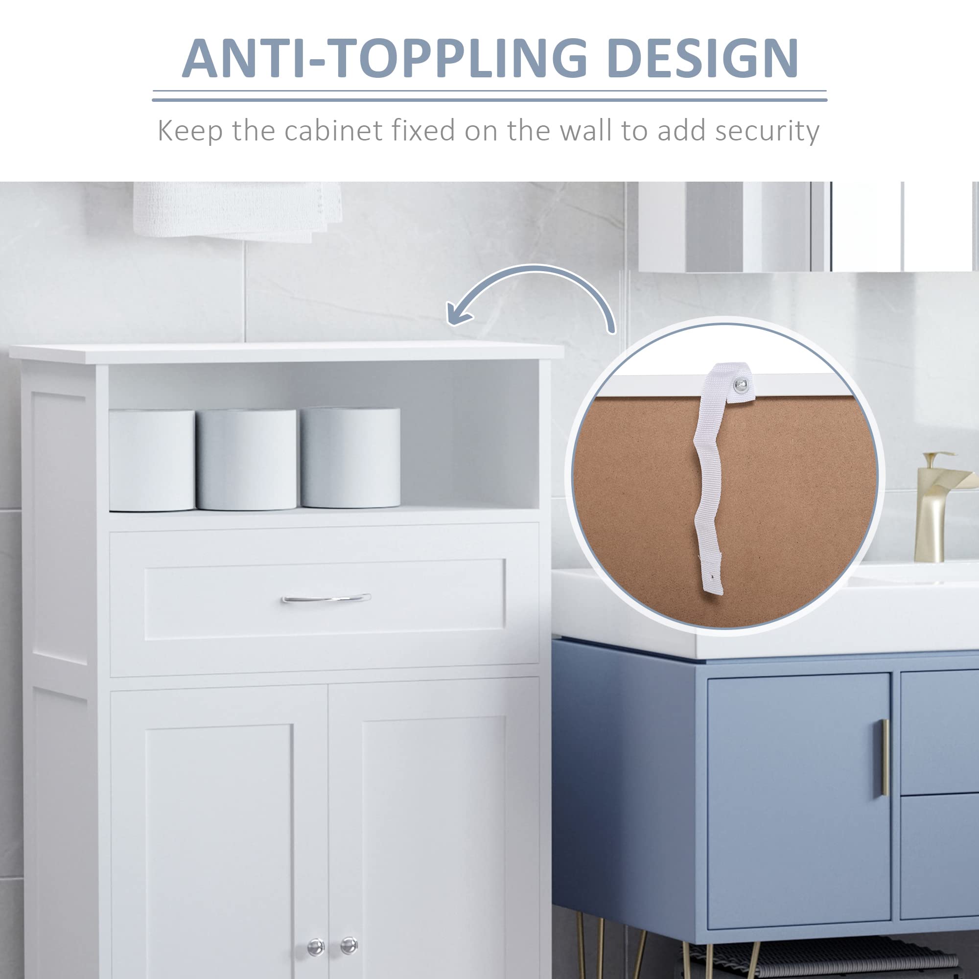 Kleankin Modern Bathroom Floor Cabinet - Free Standing Storage Organizer with Drawer & Adjustable Shelf, White - Perfect for Bathroom, Laundry Room & Bedroom Storage Organization