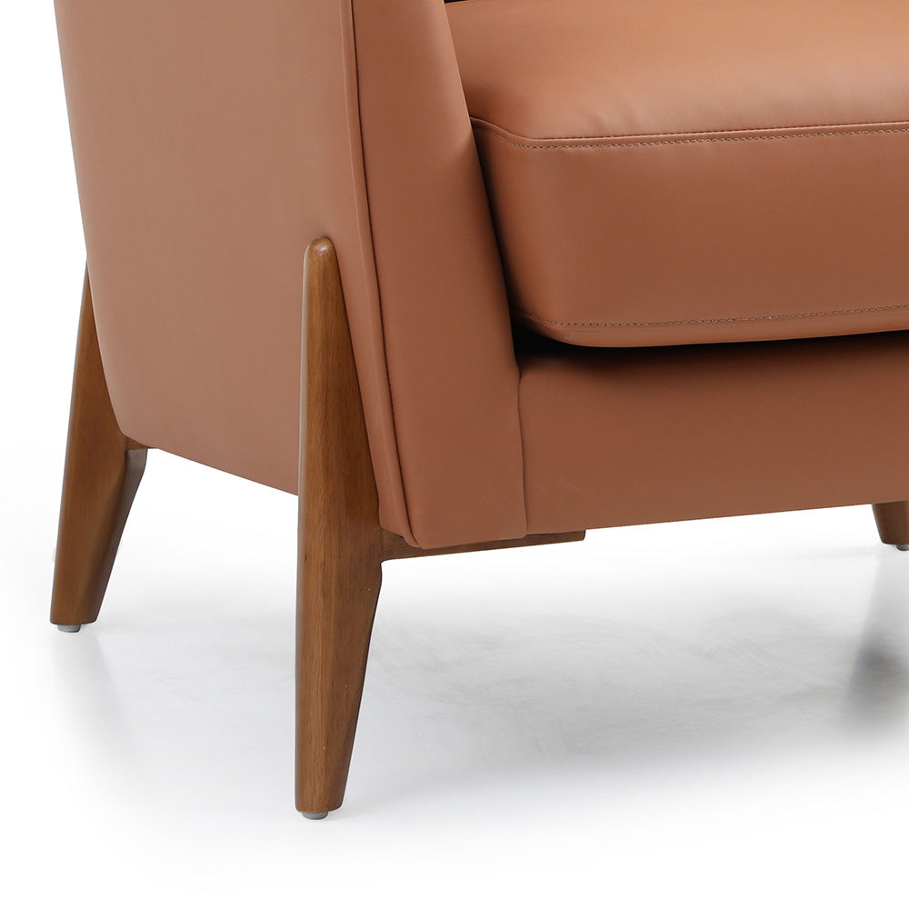 JUNO Lounge Chair - Modern Tan Leather & Walnut Wood Accent Chair for Living Room, Bedroom, or Office - Comfortable Mid-Century Style Reading & Relaxation Chair