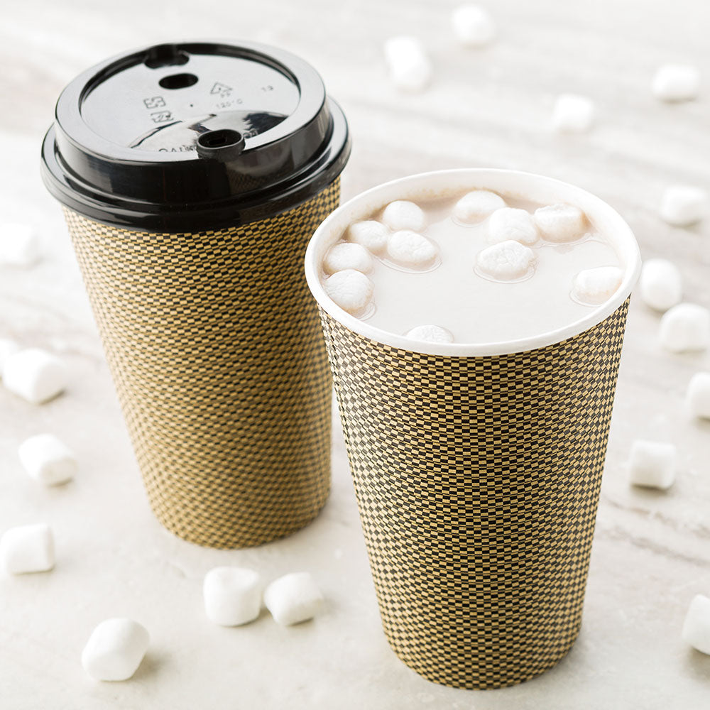 16 oz Mocha Pin Check Paper Coffee Cups - 25 Count Box, Spiral Wall Design (3.5