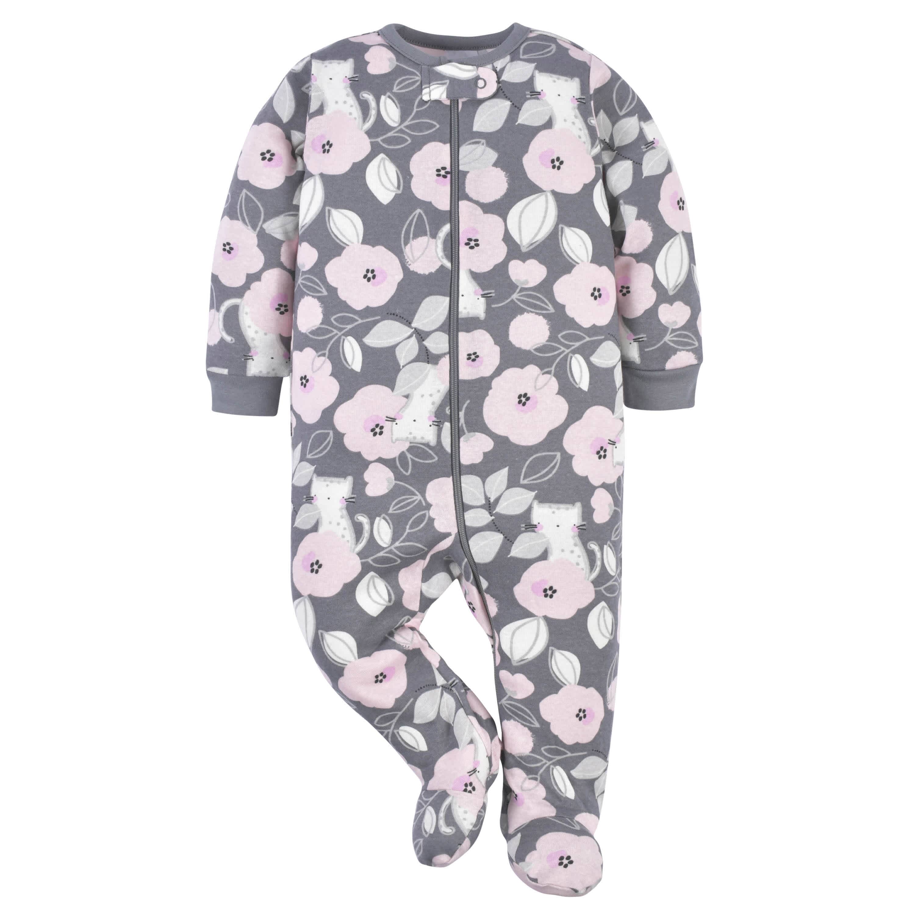 2 Pack Baby Girls Comfy Stretch Floral Leopard Sleep 'N Plays - Soft Cotton Footie Pajamas for Newborn & Infant - Perfect for Nursery, Bedtime & Playtime