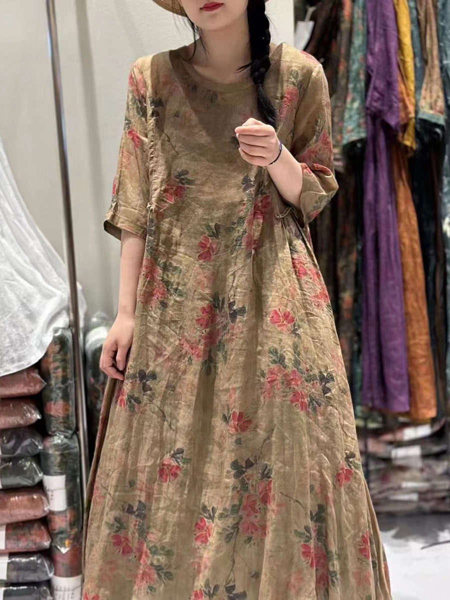 Plus Size Women's Vintage Floral Draped Maxi Ramie Dress - Boho Chic Summer Outfit for Beach, Garden Parties & Casual Wear
