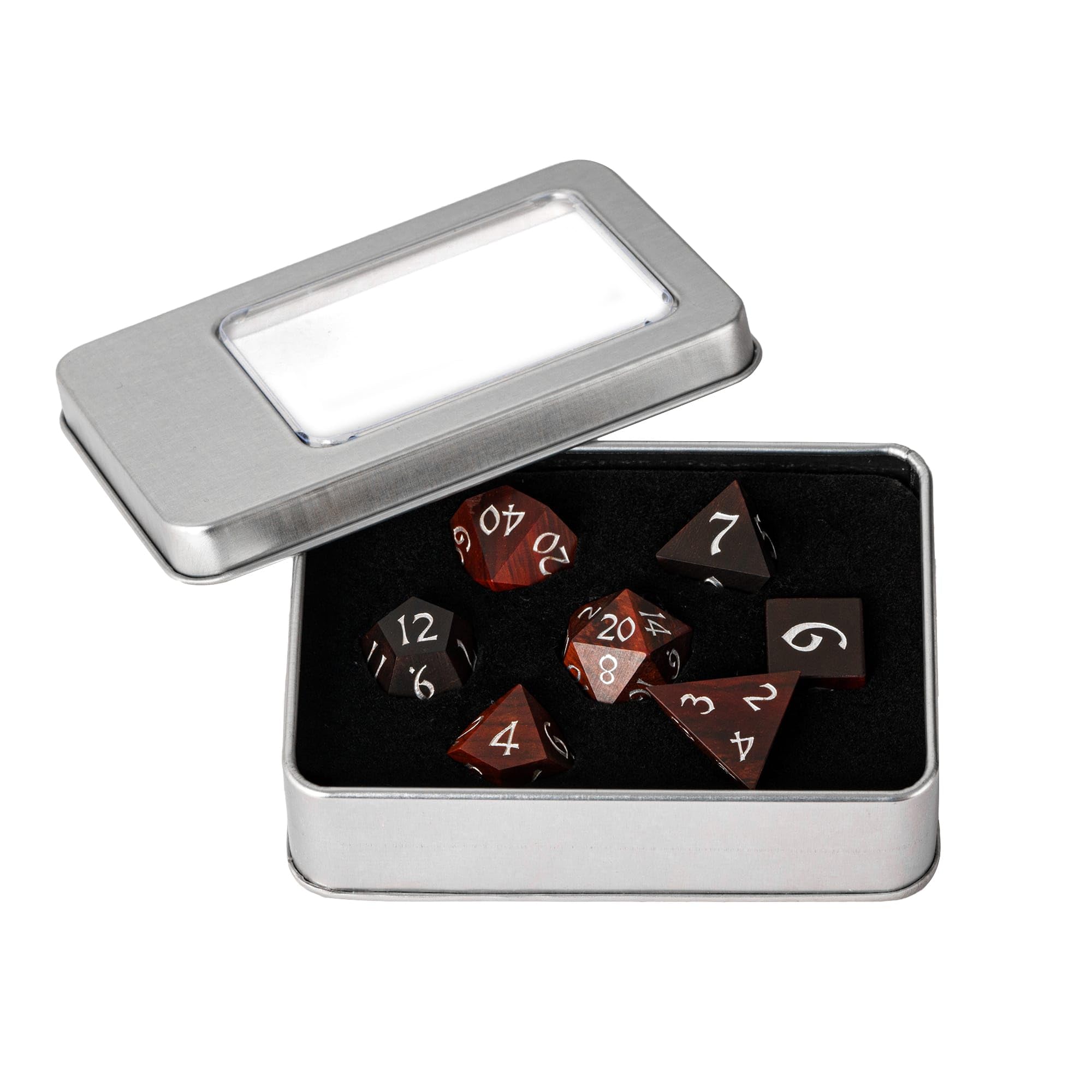 Premium Red Sandalwood D&D Dice Set - Natural Wooden Polyhedral RPG Dice with Elegant Metal Storage Tin for Dungeons & Dragons, Pathfinder, MTG | Perfect for Tabletop Gaming, Fantasy RPG Nights & Collector's Display