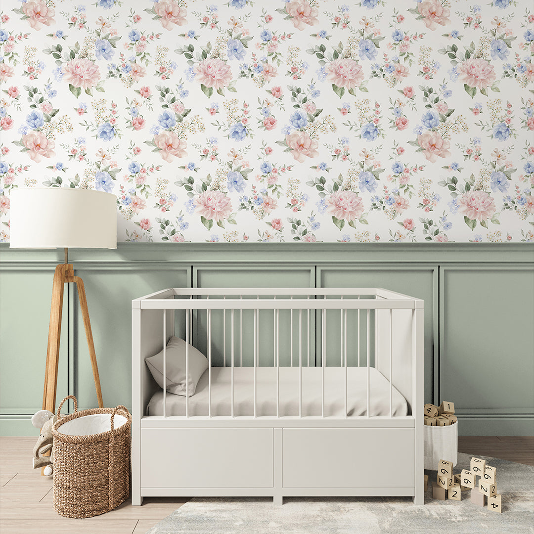 Pink and Blue Floral Bouquet Wallpaper S059 - Elegant Peel and Stick Wallpaper for Bedroom, Living Room, and Nursery Decor