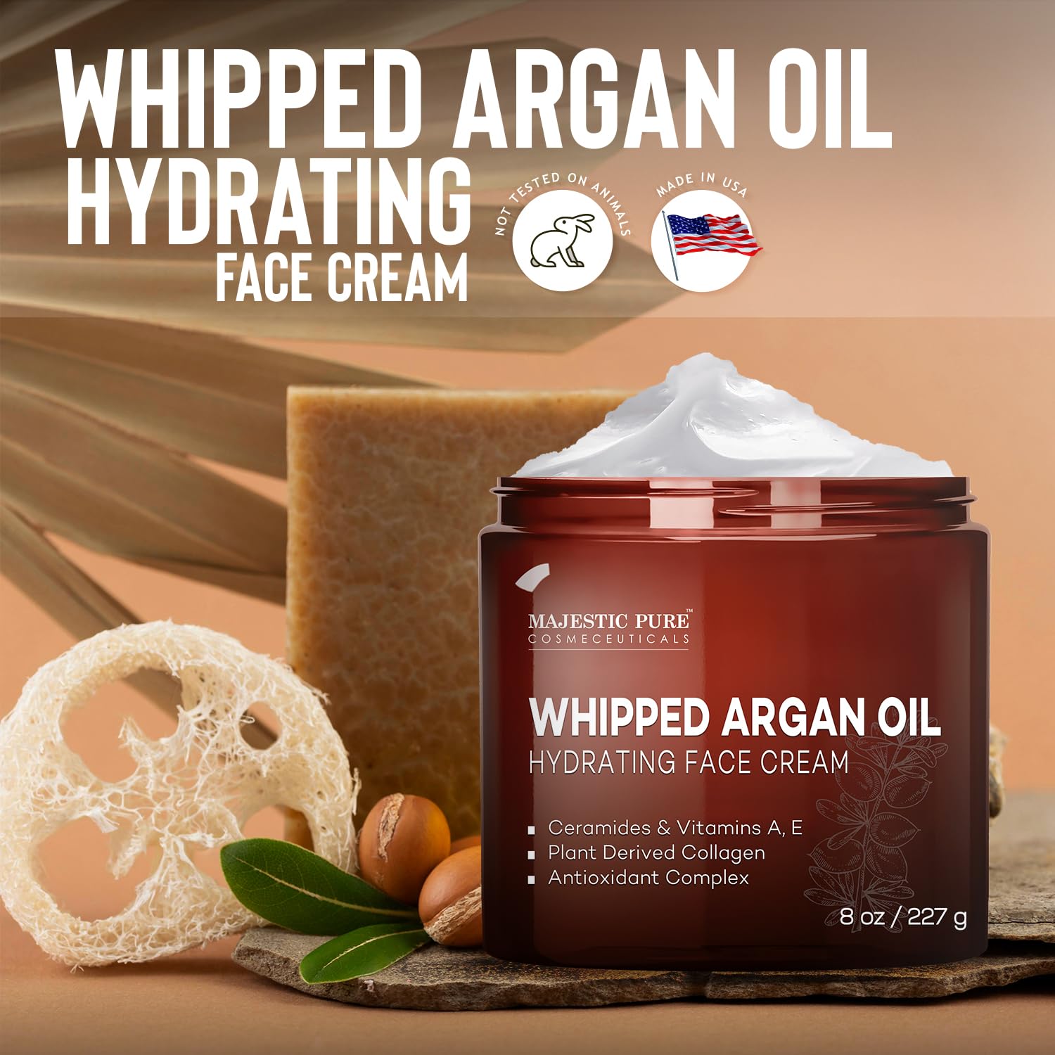 Majestic Pure Whipped Argan Oil Face Moisturizer with Vitamin E, Collagen & Ceramides - Hydrating Cream for Dry & Oily Skin, Anti-Aging Treatment Reduces Fine Lines - 8oz - Perfect for Daily Skincare Routine & Nighttime Hydration