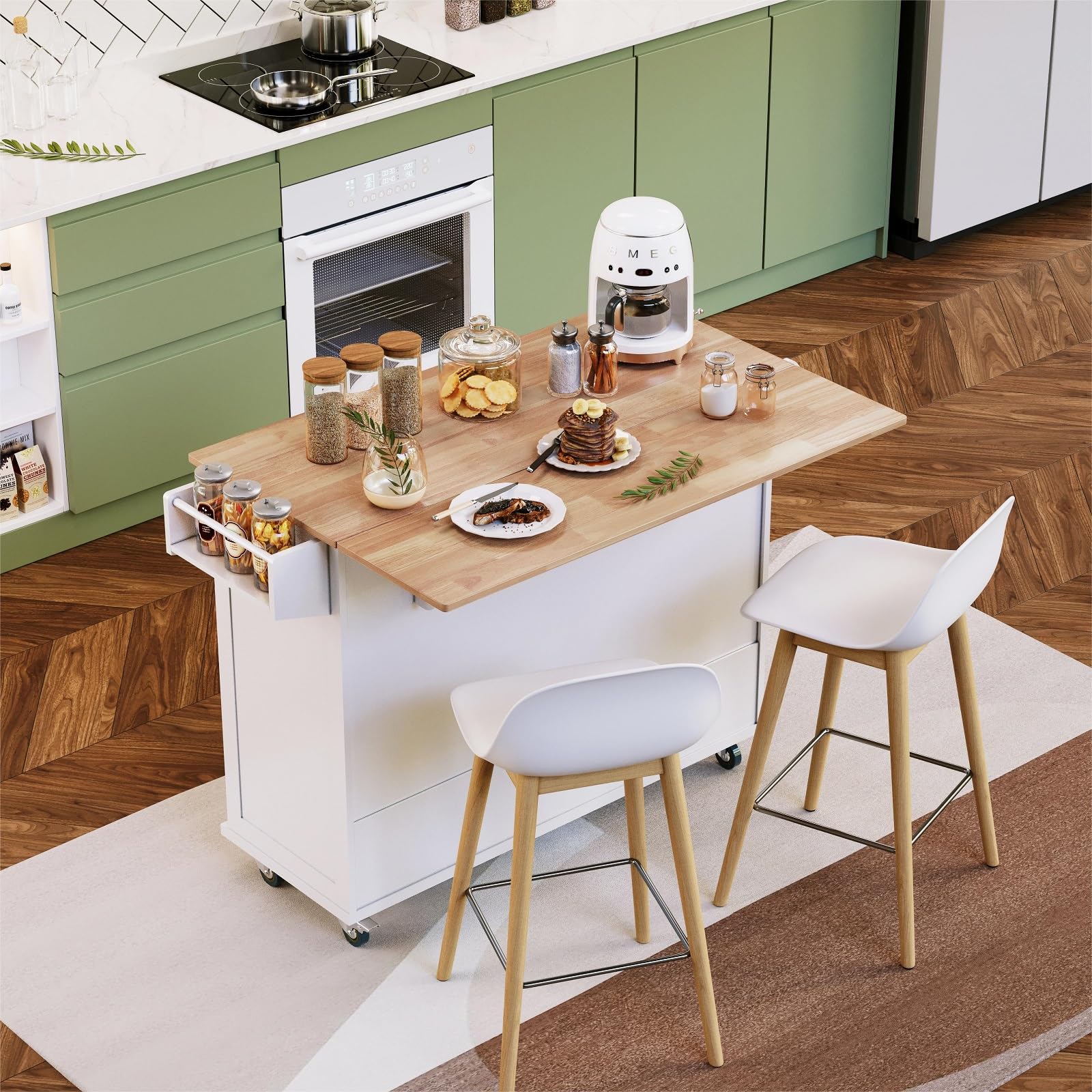 MFSTUDIO White Rolling Kitchen Island Cart with Drop-Leaf, 3 Drawers & Adjustable Shelf - Mobile Storage Cabinet with Wood Countertop, Towel Bar & Spice Rack - Perfect for Small Kitchens, Dining Rooms & Apartment Living