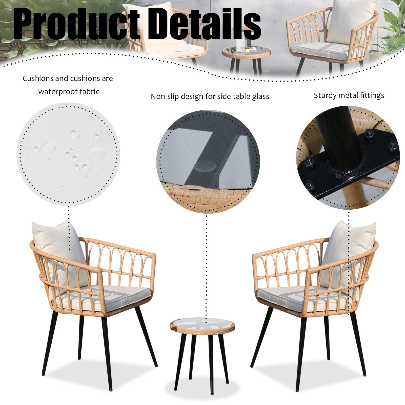 SoarFlash 3-Piece Outdoor Wicker Bistro Set with Coffee Table - Patio Conversation Chairs for Lawn, Garden, Backyard - Weather-Resistant Rattan Furniture for Relaxing Outdoors (Beige)