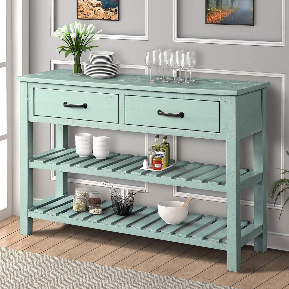 Vintage Console Table with Drawers & 2-Tier Shelf - Antique Blue Entryway Sofa Table for Hallway, Living Room & Home Decor | Perfect for Foyer Organization & Displaying Decor Items