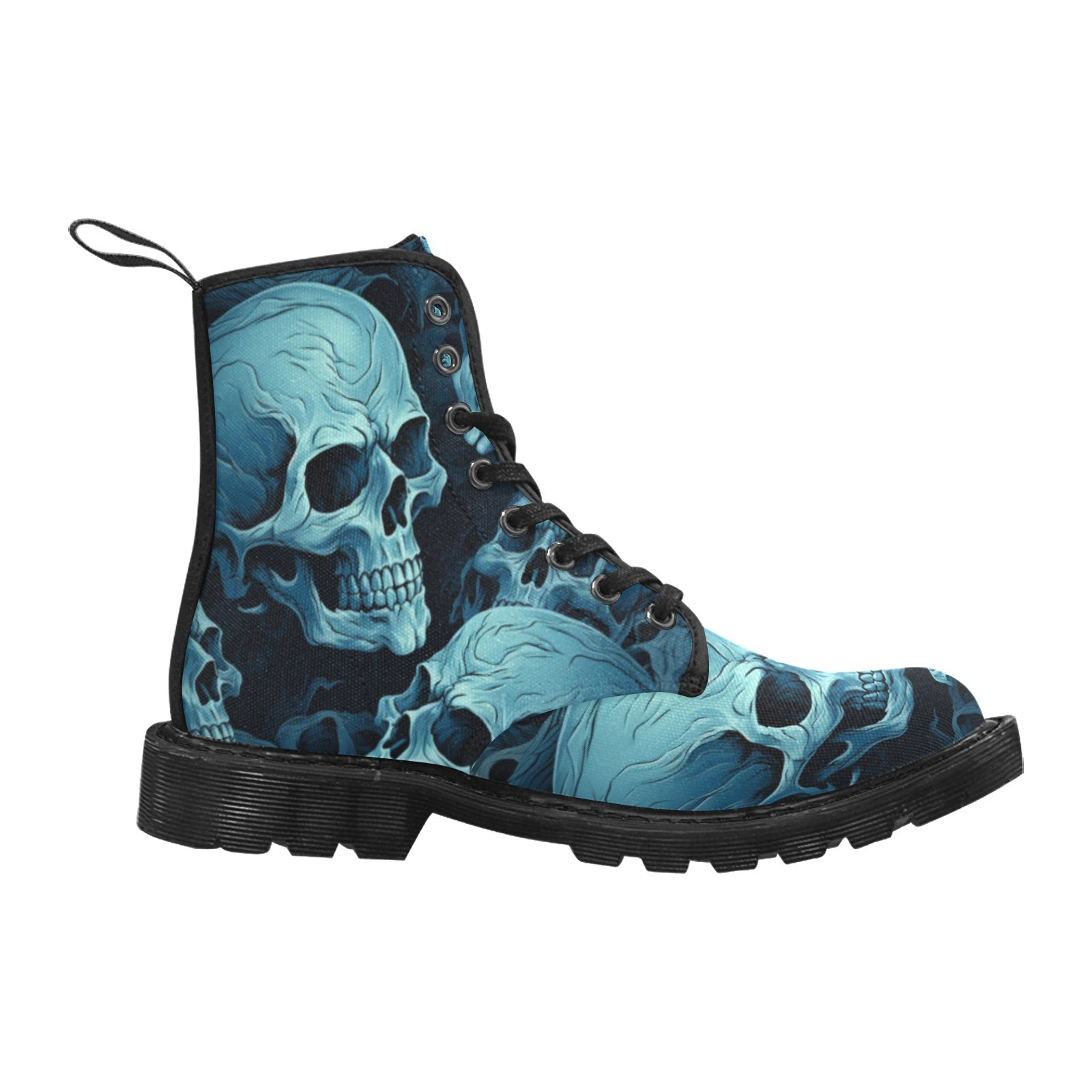 Blue Skulls Lace Up Canvas Boots for Women - Gothic Punk Ankle Boots with Skull Print - Perfect for Halloween, Cosplay, and Alternative Fashion Outfits