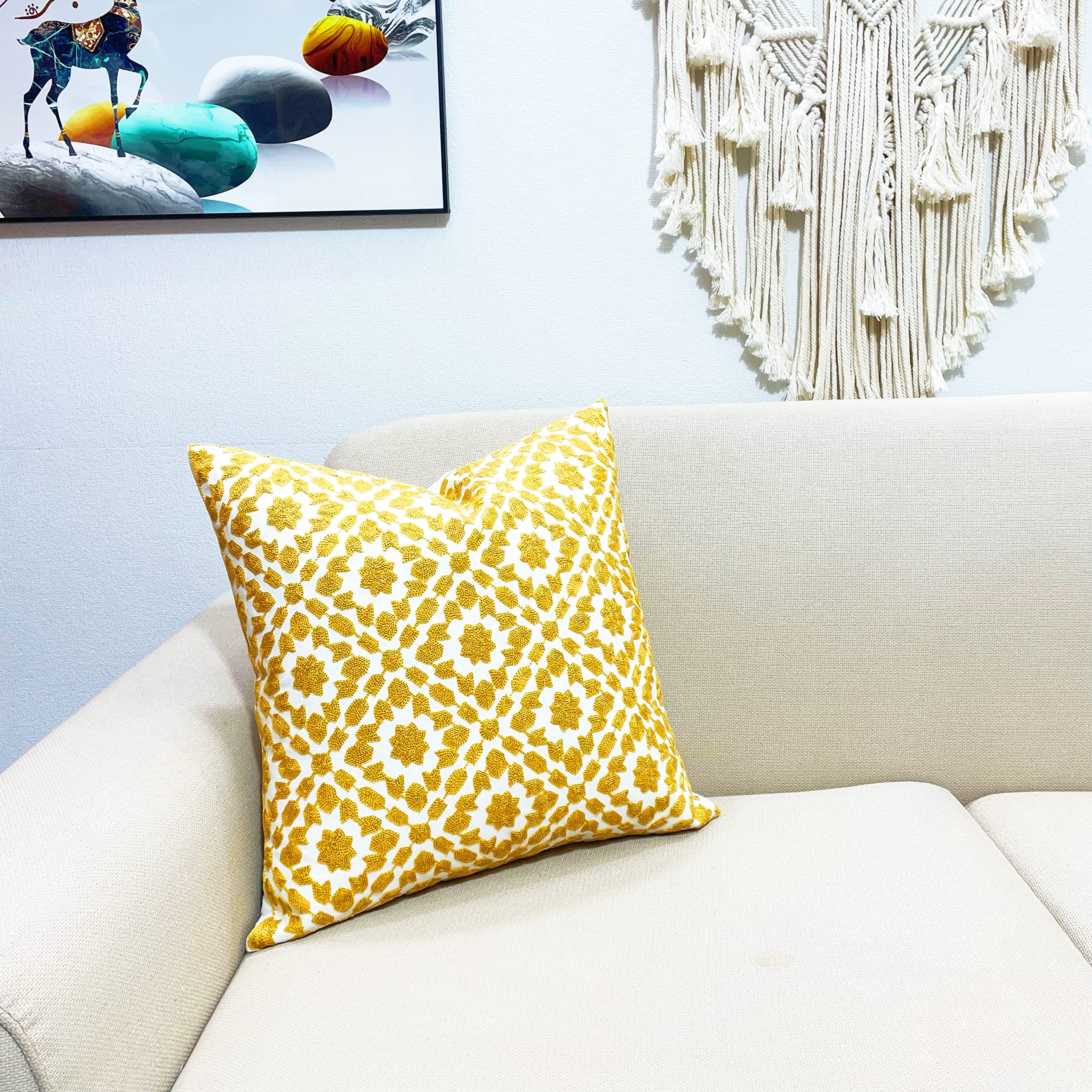 Slow Cow Embroidery Decorative Throw Pillow Cover - 18x18 Inch Yellow Farmhouse Style Cushion Cover for Sofa, Bedroom & Living Room Decor