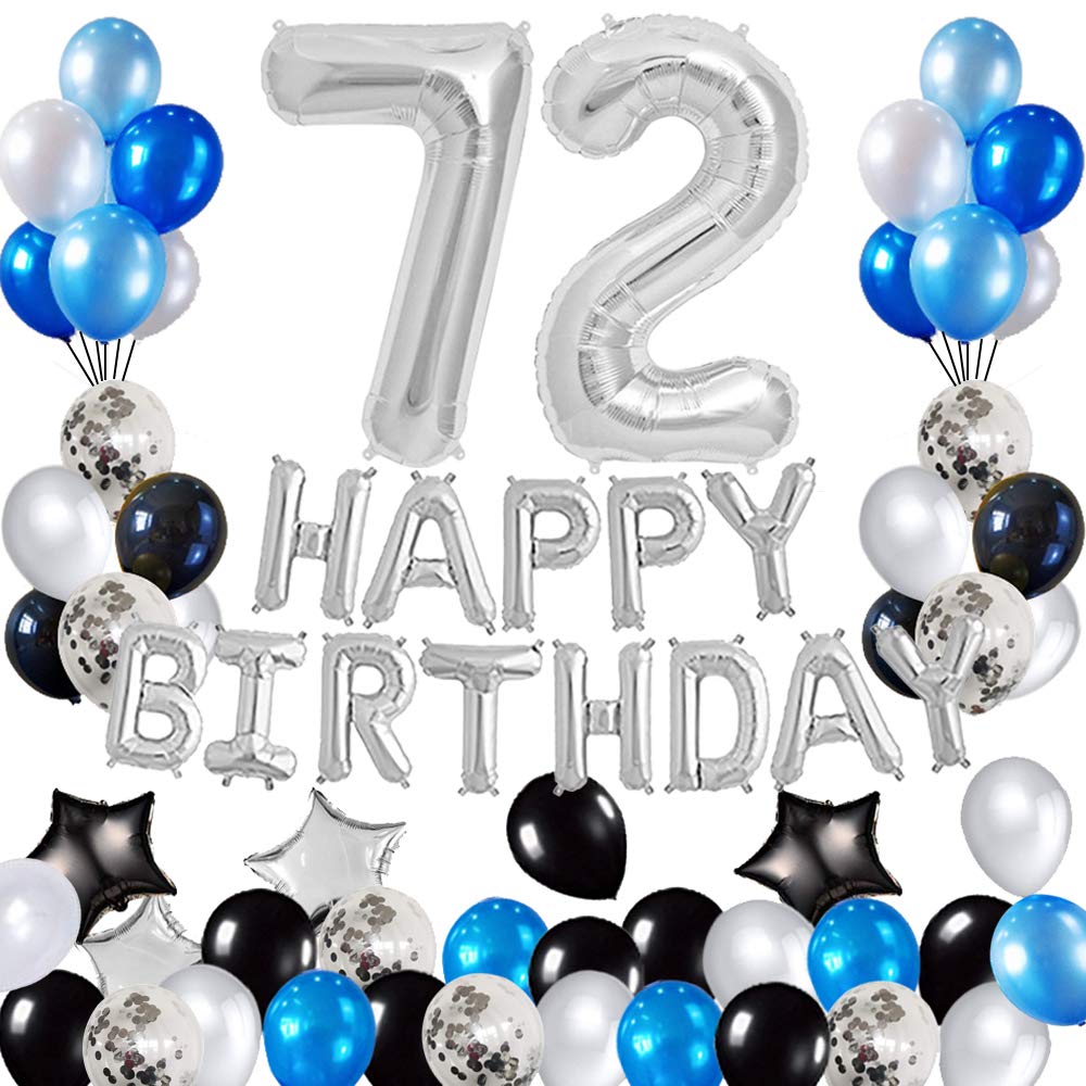 72nd Birthday Party Decorations Set - Foil Happy Birthday Banner, Number 72 & Star Balloons, 47pcs Latex Balloons in Silver & Blue - Perfect for Milestone Celebrations, Retirement Parties & Grandparent Birthdays