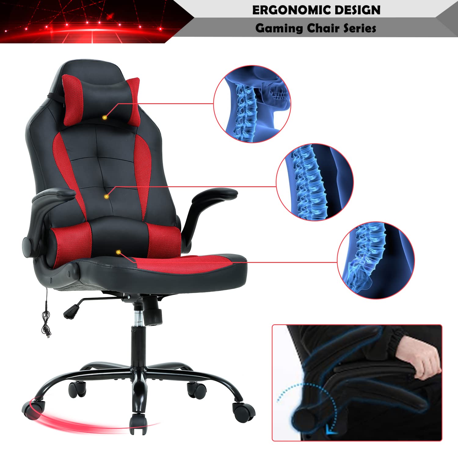 Ergonomic Gaming Chair with Headrest & Flip-Up Arms - High Back PU Leather Racing Office Chair with Lumbar Support & Massage for Adults & Teens - Perfect for PC Gaming, Work & Home Office (Red)