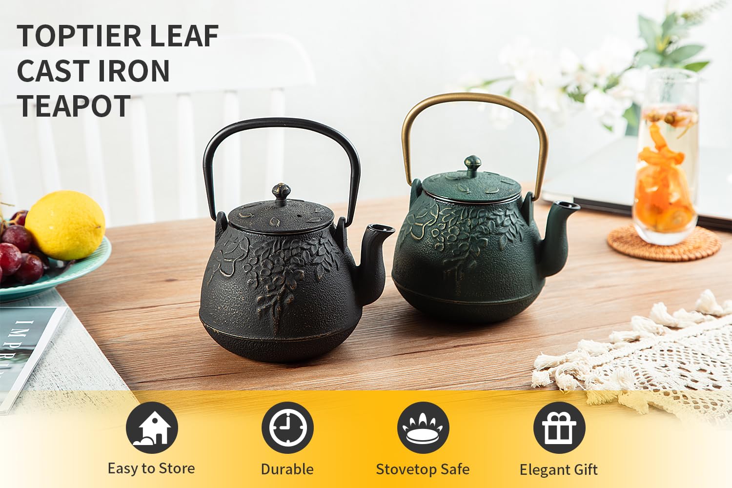 Premium Japanese Cast Iron Tea Kettle - 40oz (1200ml) Stovetop Safe Teapot with Removable Infuser for Loose Leaf Tea, Black - Perfect for Home Brewing, Tea Ceremonies & Cozy Afternoons