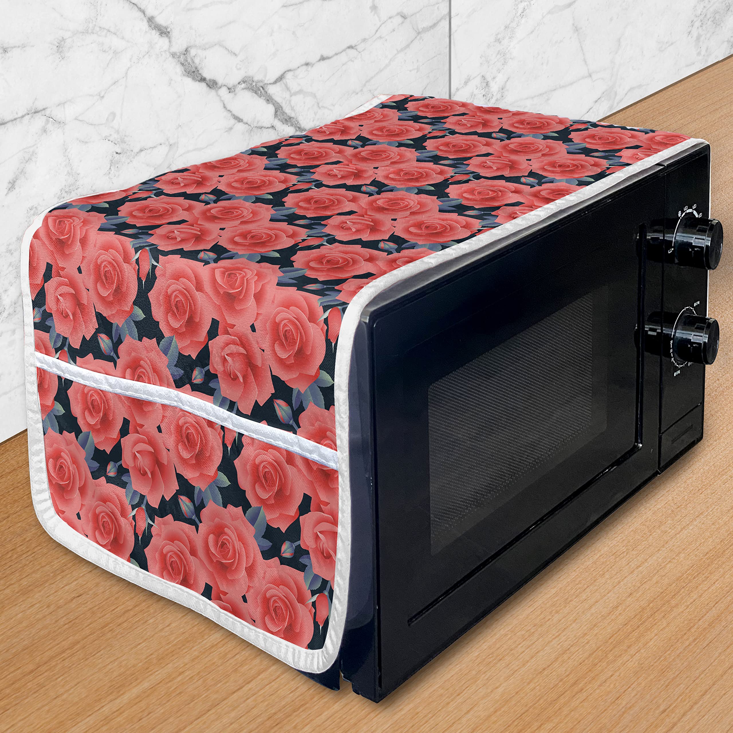 Ambesonne Floral Microwave Oven Cover - Romantic Roses Design, Waterproof Kitchen Organizer with Pockets, 36