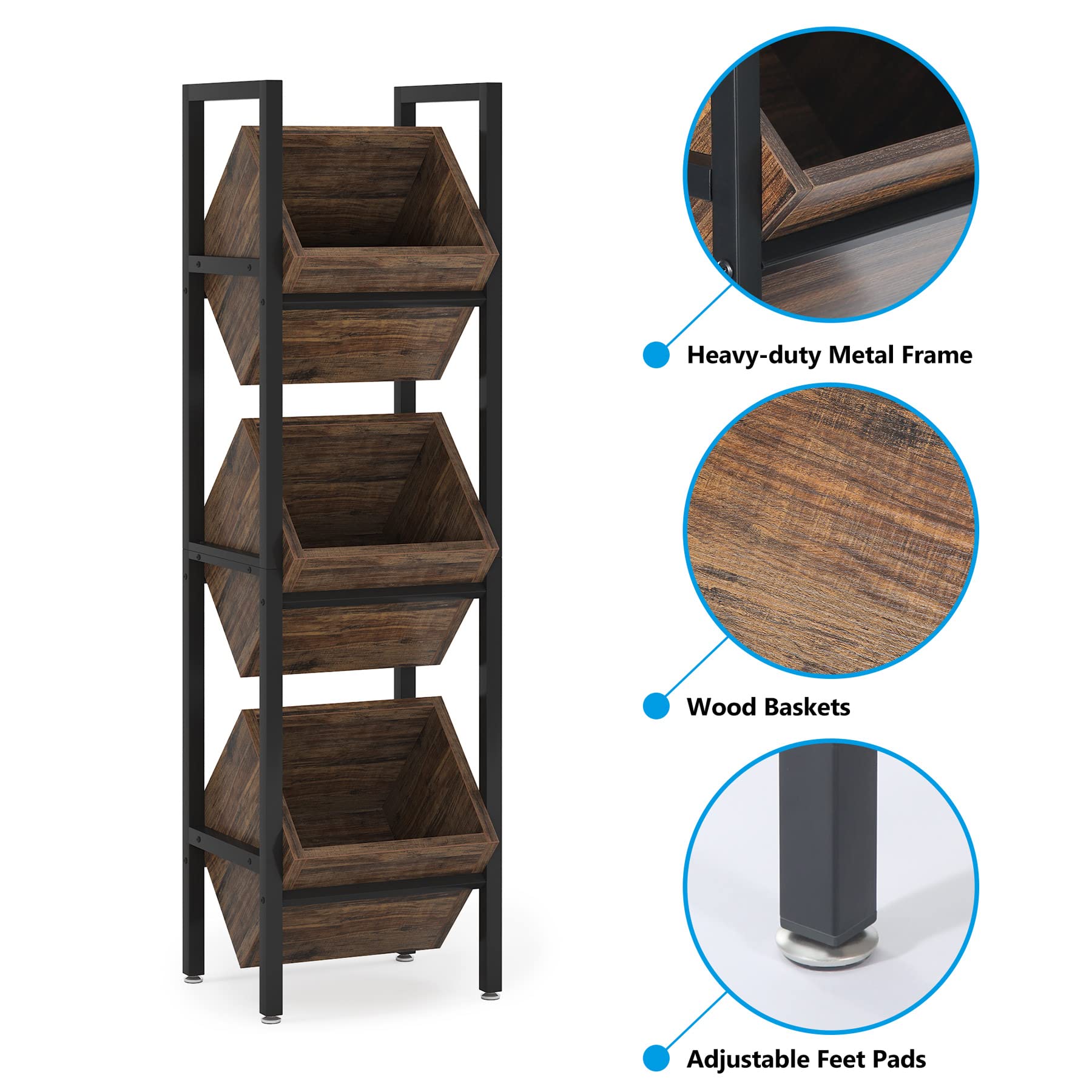 Tribesigns 3-Tier Wooden Basket Stand - Rustic Vertical Storage Organizer with Baskets for Kitchen, Bathroom, Living Room - Perfect for Fruit, Snacks, Towels & Home Organization