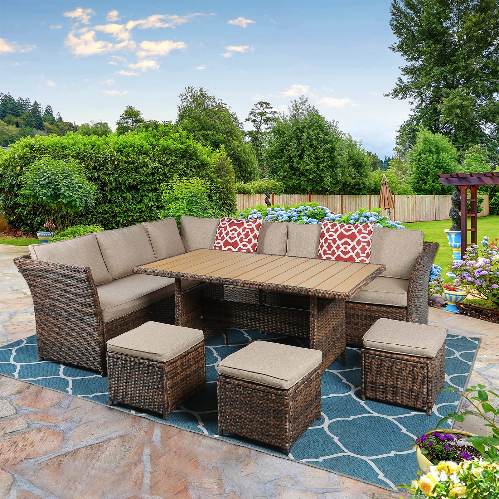 MEETWARM 7-Piece All-Weather Wicker Patio Furniture Set - Outdoor Rattan Sectional Sofa with Ottoman, Coffee Table & Chairs - Brown Garden Conversation Set for Backyard, Poolside & Terrace Relaxation