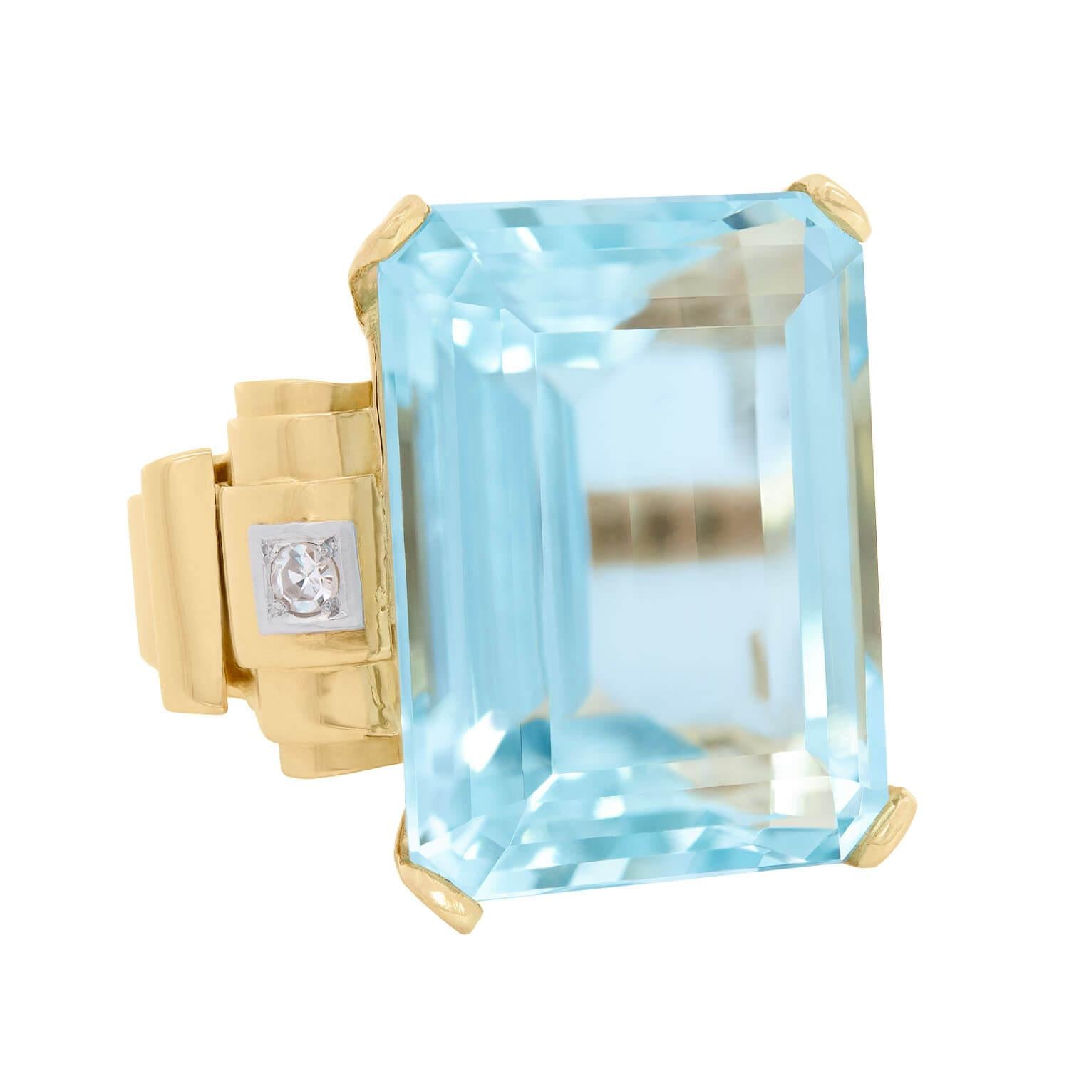 GIA Certified 16k Rose Gold Vintage Aquamarine and Diamond Cocktail Ring - 30.05 Carat Statement Jewelry for Weddings, Anniversaries & Special Occasions