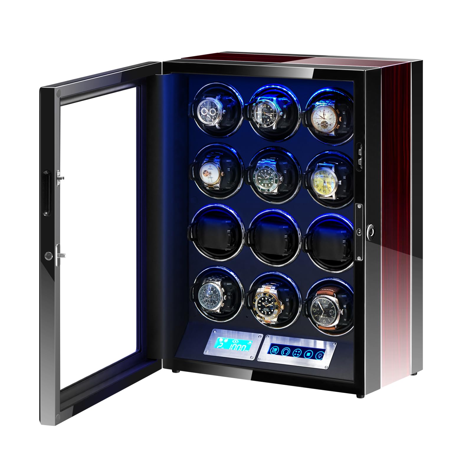 Premium 6/12 Watch Winder for Automatic Watches - Fingerprint Unlock, Ultra-Quiet Japanese Motor, LED Light & LCD Touchscreen - Perfect for Watch Collectors & Luxury Timepiece Storage at Home/Office