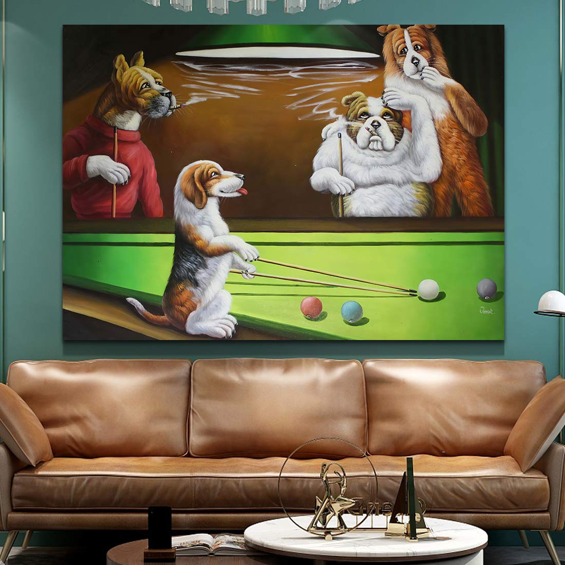 Denozer Dogs Playing Billiards Canvas Wall Art - Premium Giclee Print Gallery Wrapped Modern Home Decor - 48x36 Inches Ready to Hang - Perfect for Living Room, Game Room or Man Cave Decor