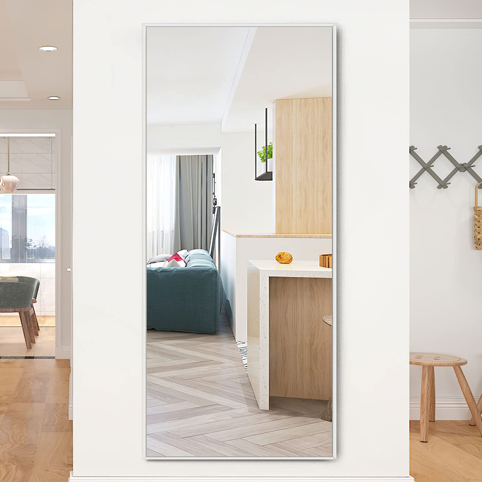 PexFix 64x21 Inch Full Length Floor Mirror with Stand - White Full Size Wall Mirror with Aluminum Alloy Frame - Hanging, Standing or Leaning Mirror for Bedroom, Living Room, Dressing Room & Gym