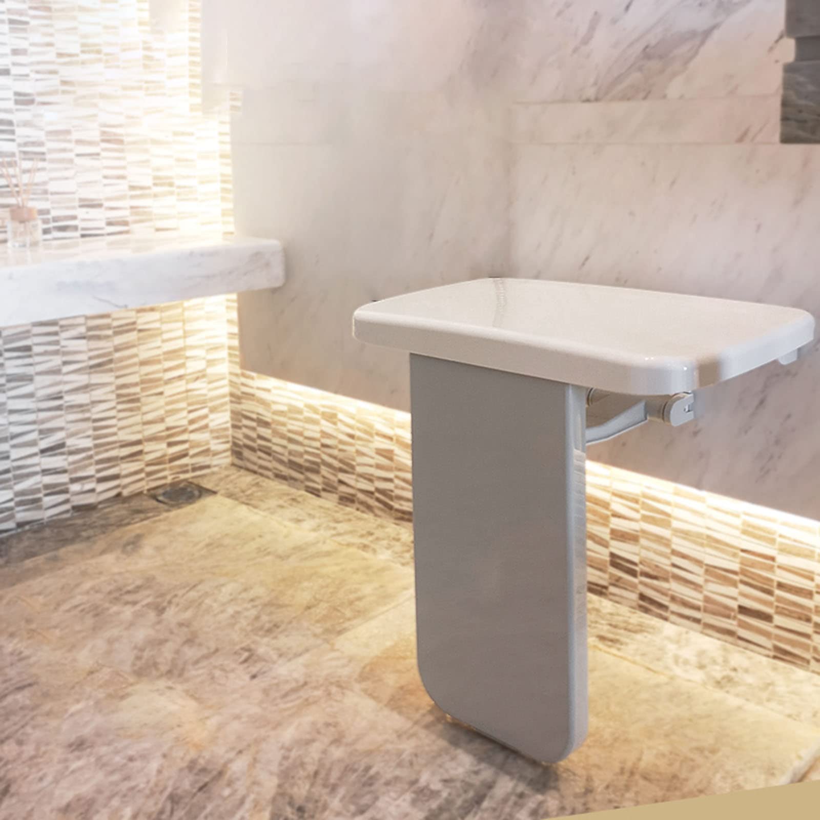 **Foldable Wall-Mounted Shower Seat - 19×11.8 Inch White Bathroom Safety Stool for Elderly & Disabled - Space-Saving Drop-Leaf Design for Small Showers & Bathtubs**    *(Perfect for Seniors, Handicap Accessibility, and Compact Bathrooms - Easy Installation & Sturdy Support for Safe Showering)*