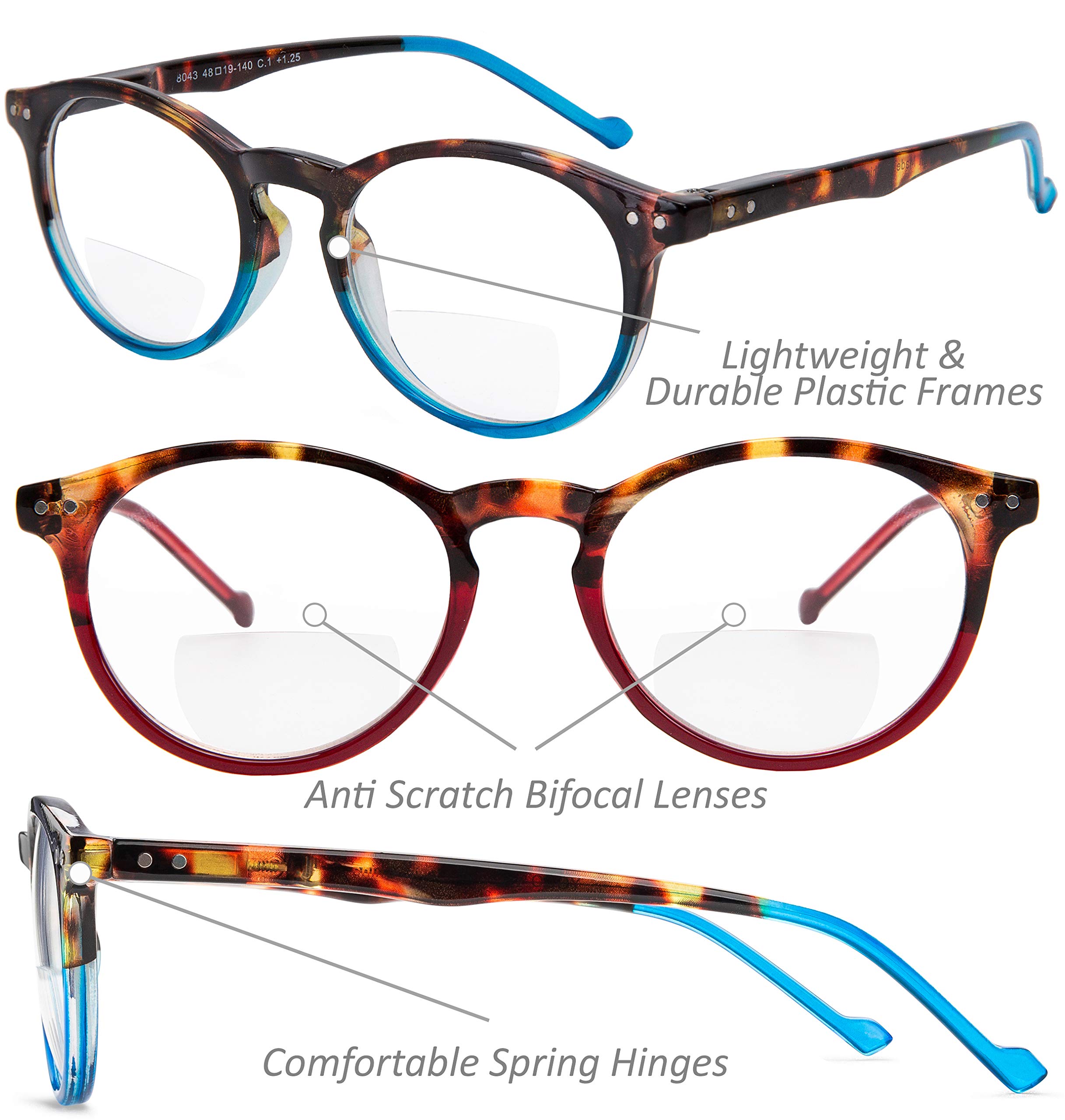 Yogo Vision Bifocal Reading Glasses 2 Pack - Lightweight Plastic Keyhole Spring Hinge Frames for Men & Women - Perfect for Reading, Crafts & Close Work