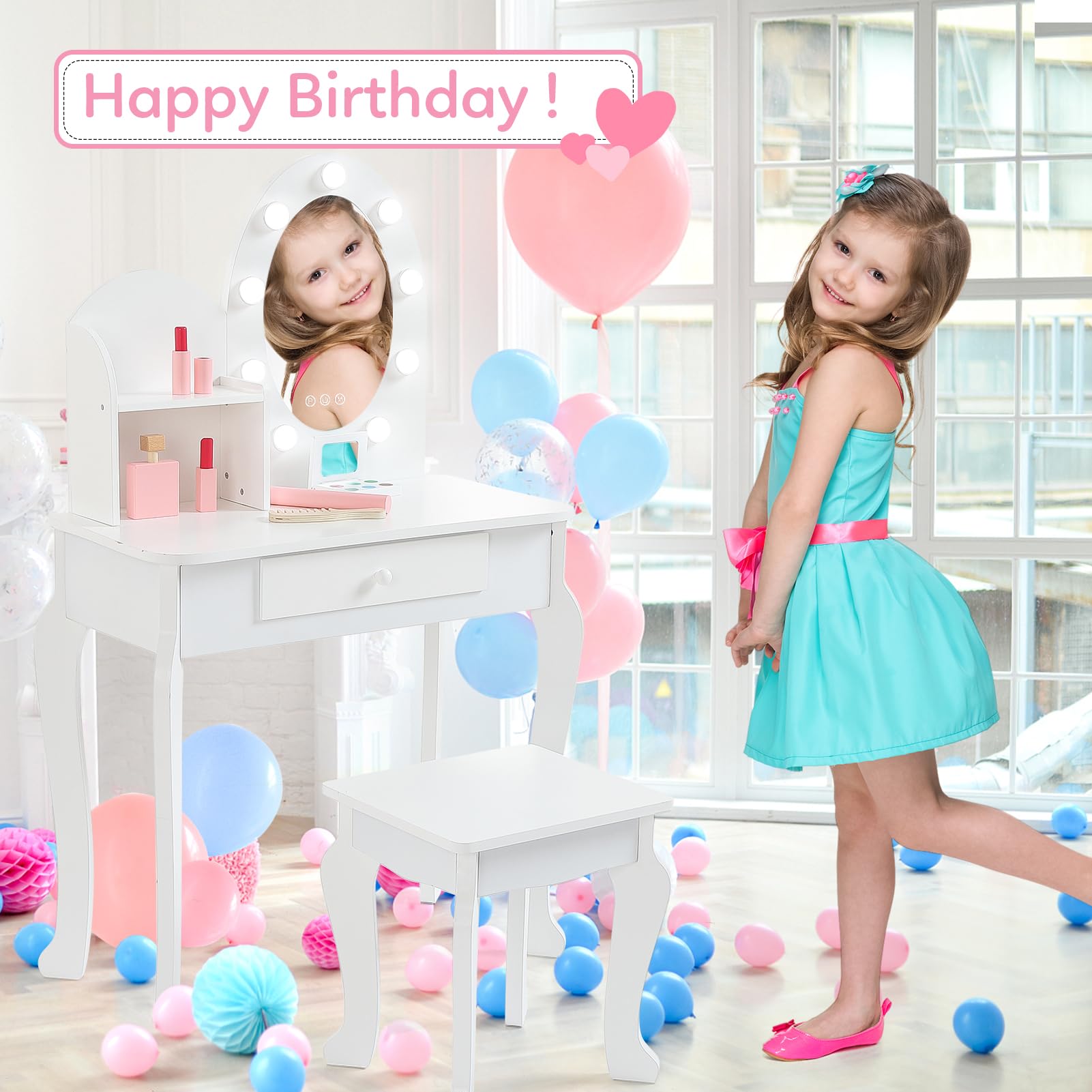 White Wooden Princess Vanity Set with Light & Mirror - Kids Makeup Dressing Table with Stool, Drawer & Pretend Play Cosmetics | Perfect for Toddler Pretend Play, Birthday Gifts & Bedroom Decor (Batteries Not Included)
