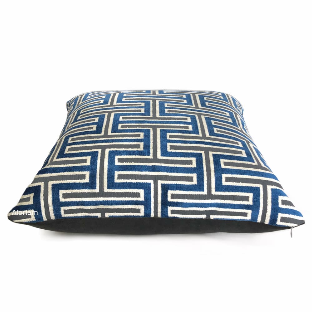 Olympia Marine Blue & Gray Greek Key Geometric Velvet Pillow Cover - Luxury Decorative Throw Pillow Case for Sofa, Bed, Couch - Home Decor Accent for Living Room, Bedroom, Office