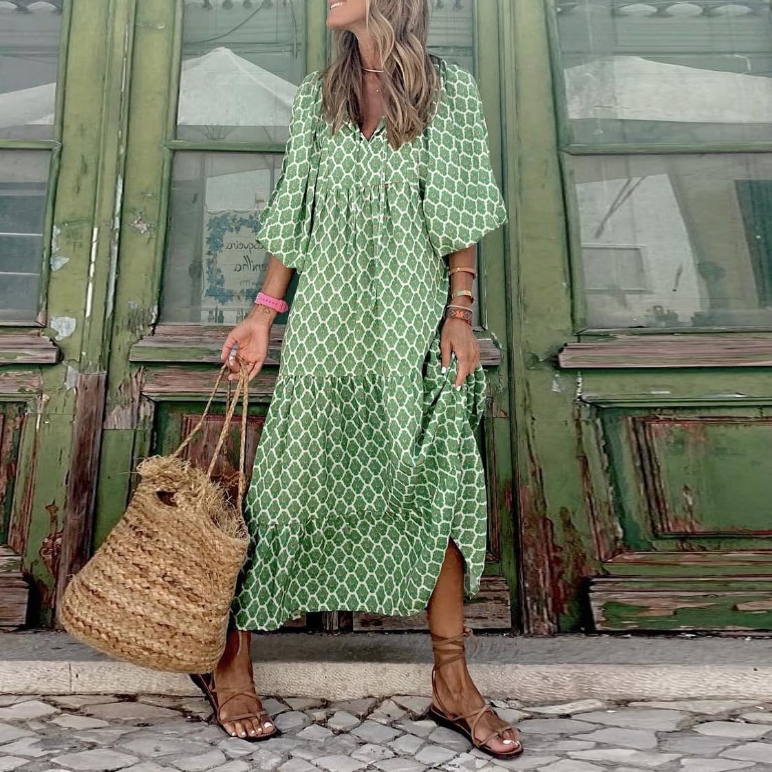 Guteidee Women's Long Puff Sleeve Flowy Floral Dress - A-Line Boho Maxi Dress for Fall Fashion | Perfect for Vacation, Date Night & Special Occasions