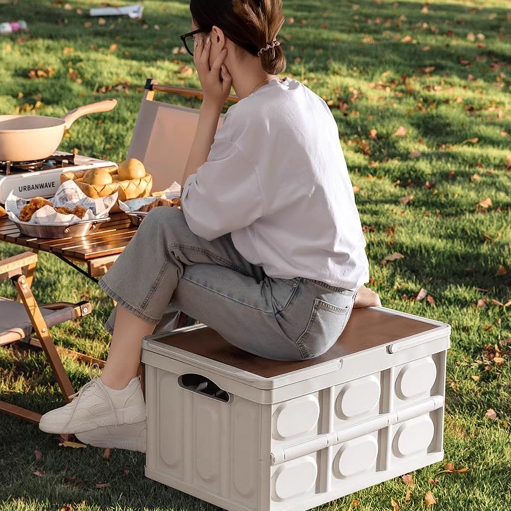 FLTRGO 50L Collapsible Storage Box with Wood Lid - Heavy Duty Folding Organizer for Camping, Picnic, Home & Closet - Portable Storage Solution for Outdoor Adventures & Indoor Organization