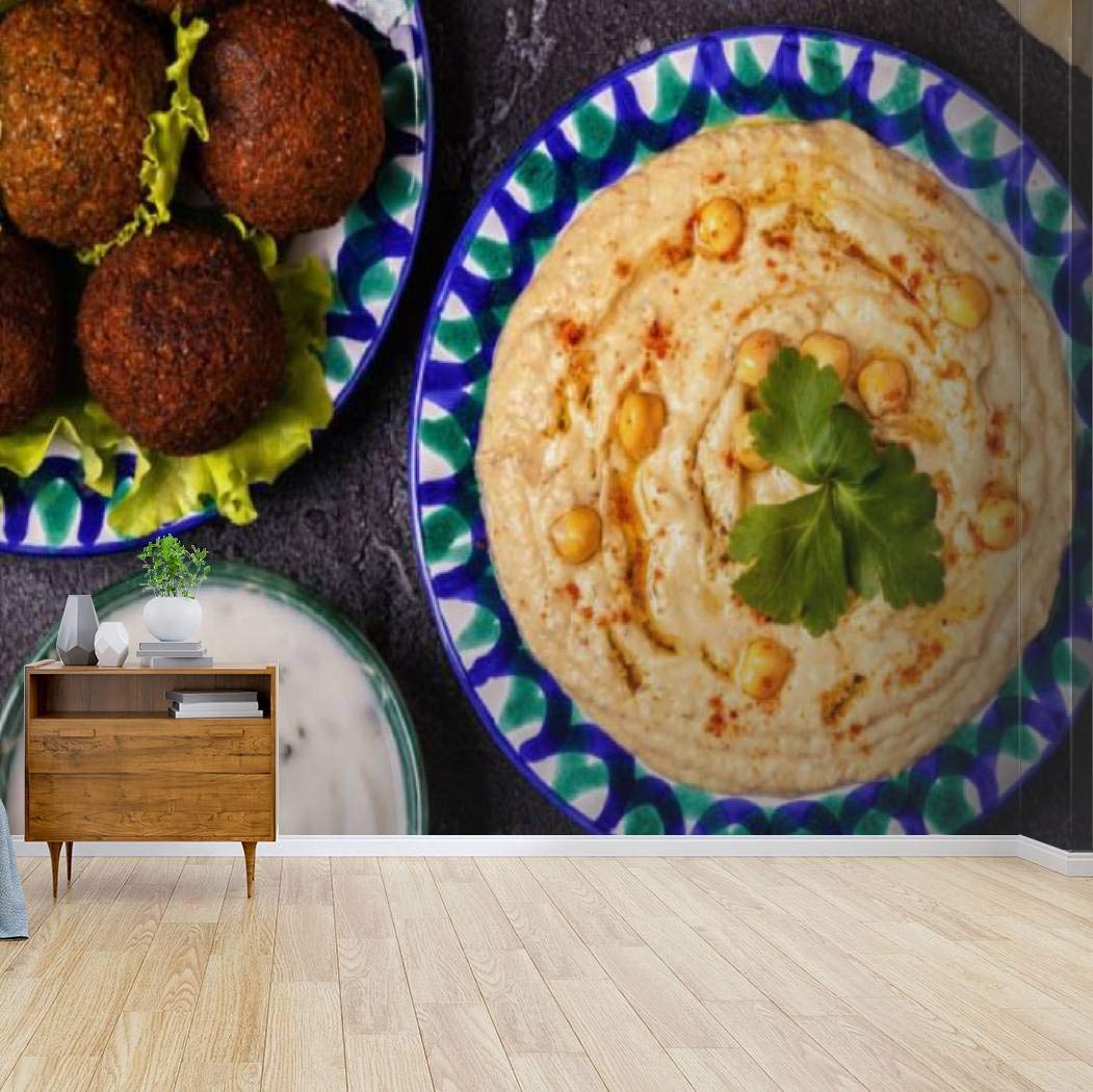 Classic Falafel and Hummus Egyptian Food Peel and Stick Wallpaper - Self-Adhesive Removable Vinyl Wall Mural for Kitchen, Dining Room Decor | Large Wall Sticker, Shelf Paper, Home Decoration