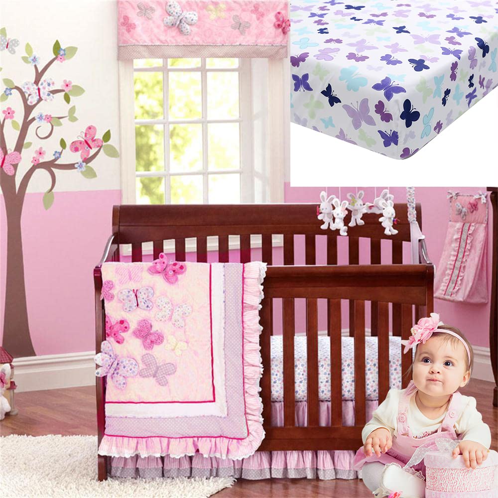 Brandream 5-Piece Butterfly Crib Bedding Set for Baby Girls - Soft Nursery Crib Set with 2 Pack Fitted Crib Sheets - Perfect for Newborn Nursery Decor & Baby Shower Gifts