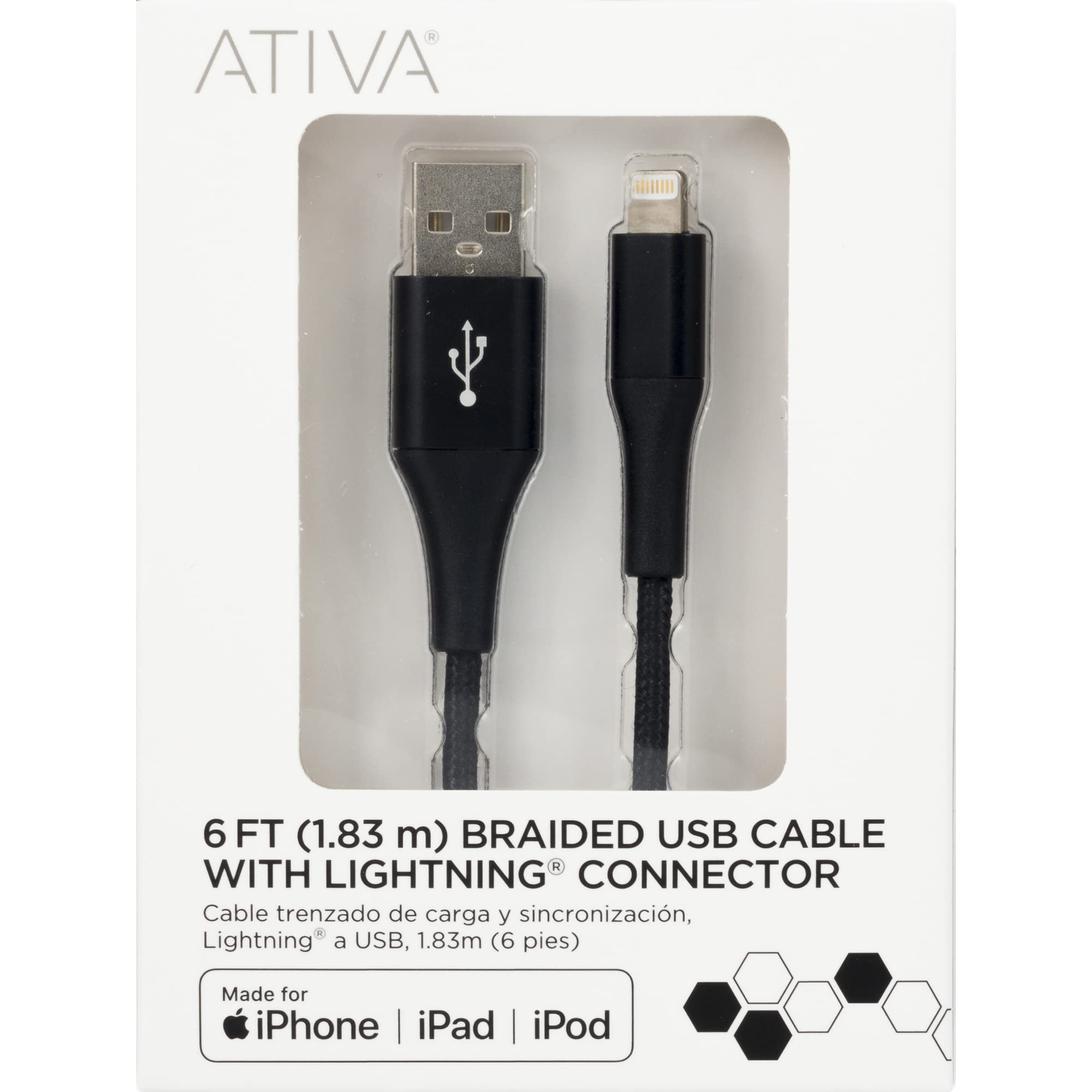 Ativa® Lightning Cable 6ft - MFi Certified iPhone Charger Cord, Fast Charging & Sync Cable for iPhone 14/13/12/11/X/8/7/6/5 - Durable Nylon Braided USB Cable for Home, Office, Car & Travel
