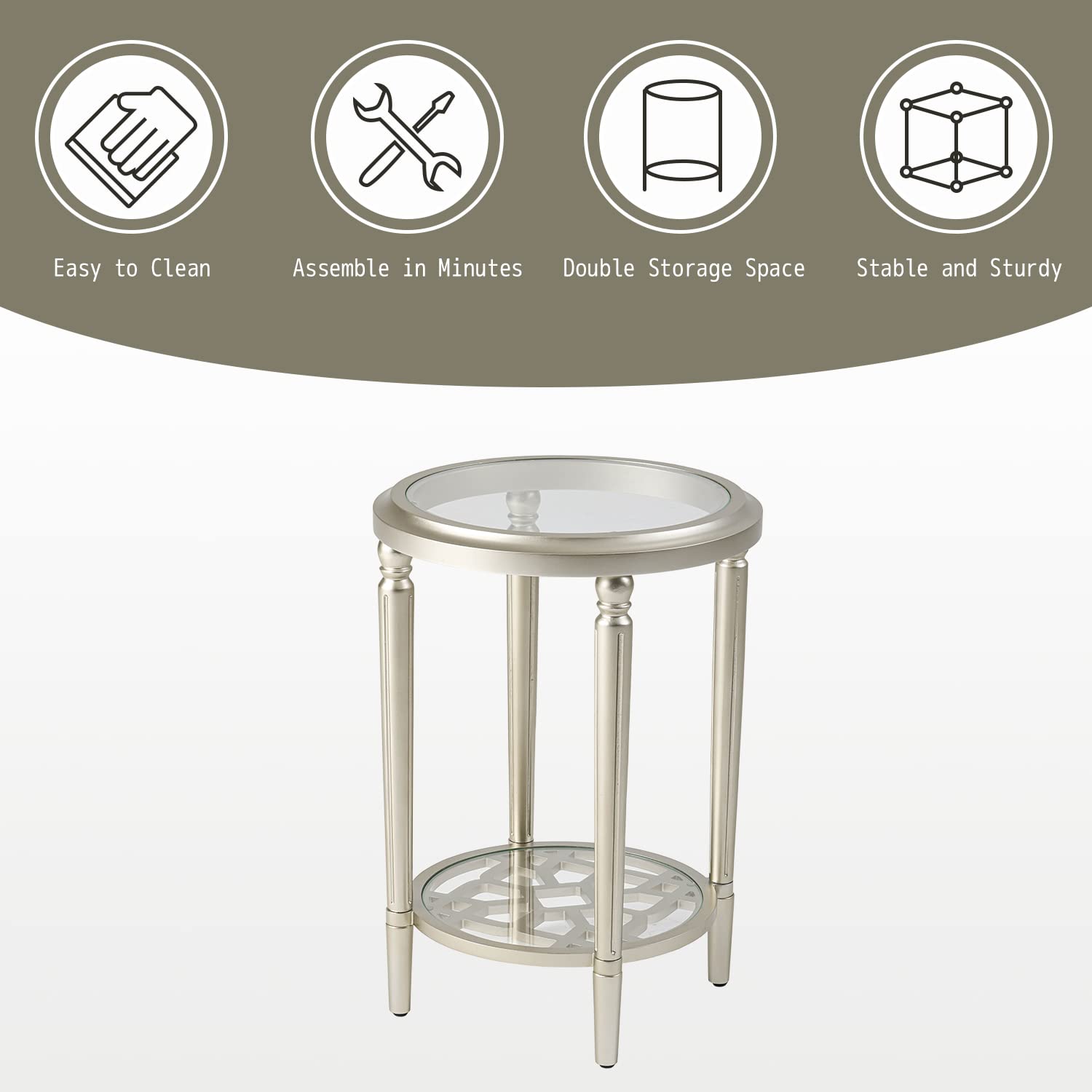 Modern Round Side Table with Champagne Tempered Glass - 2-Tier Storage End Table for Living Room, Bedroom & Office - Perfect for Small Spaces, Coffee Table Alternative, Nightstand or Accent Furniture
