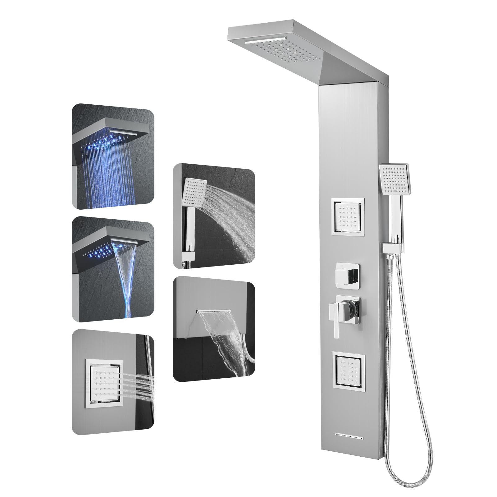 ROVOGO Luxury Shower Panel System with LED Lights - Rainfall Shower Head, 2 Body Jets, Handheld Spray & Tub Spout - Brushed Stainless Steel Shower Column for Spa-Like Bathroom Experience