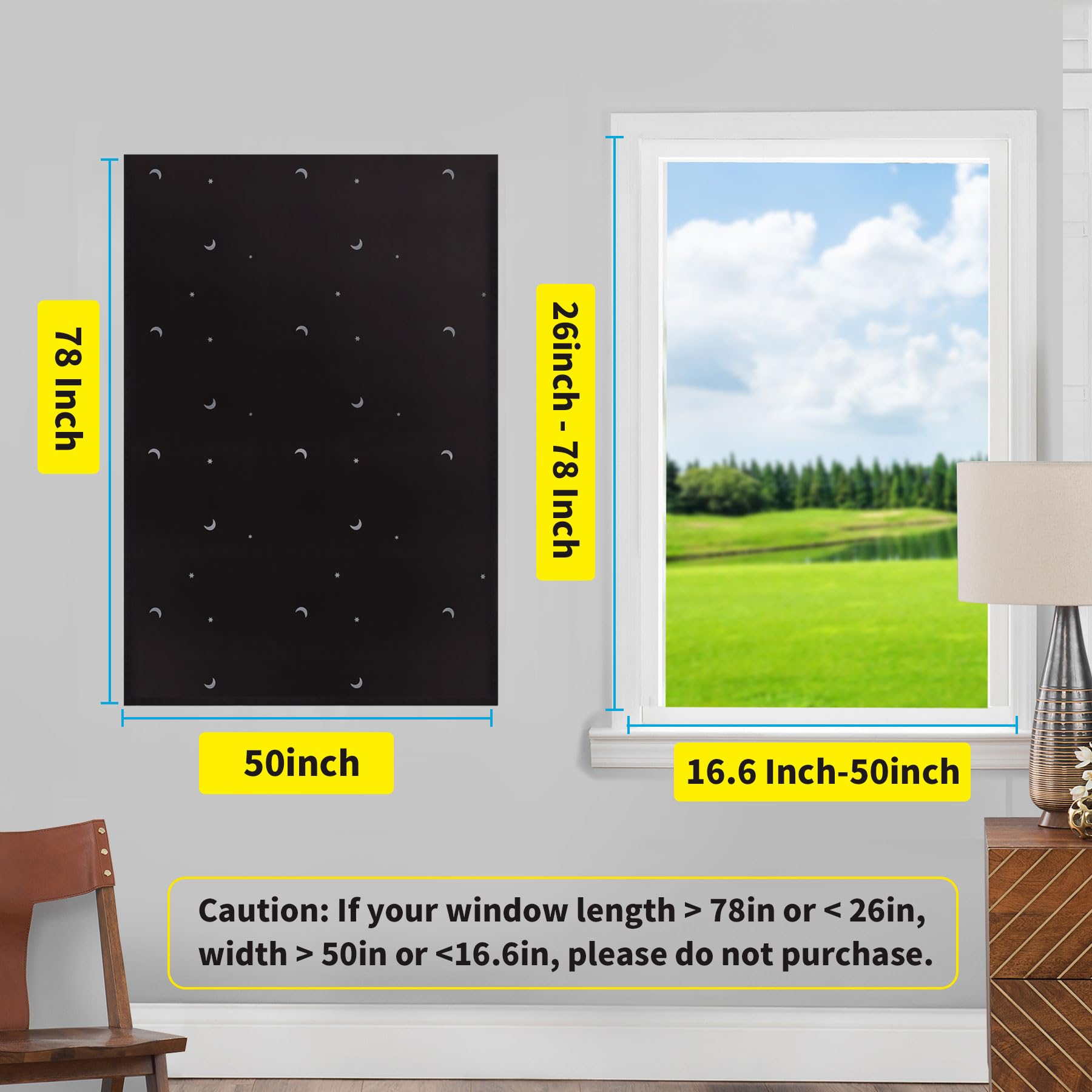Goabroa Blackout Curtains 78x50 Inches - Adjustable Temporary Window Shades with Suction Cups, Polyester Room Darkening Curtains for Bedroom, Nursery, Dorm (Moon & Stars Pattern) - Perfect for Daytime Naps, Light Sensitivity & Shift Workers