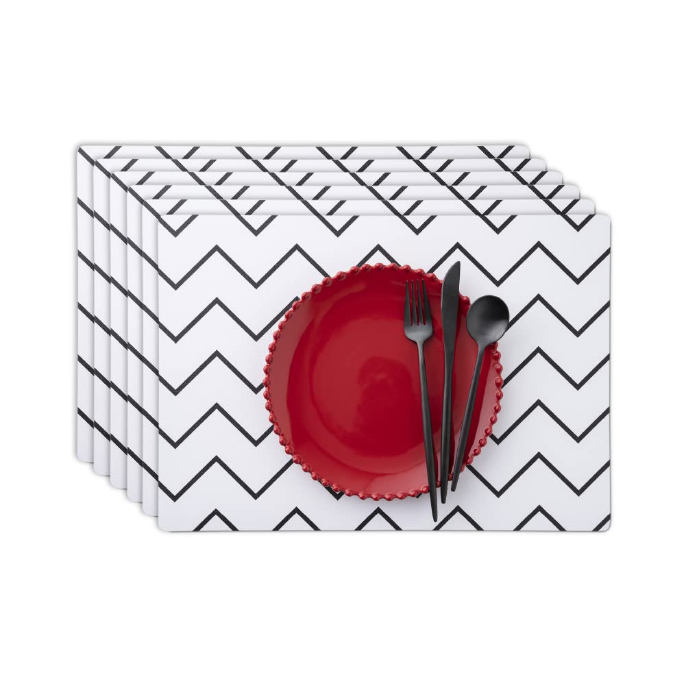 Andie Home Rectangle Placemats Set of 6 - Heat-Resistant Chevron Black & White Table Mats 17