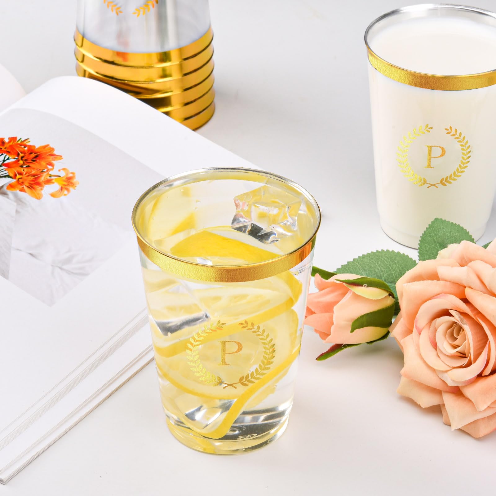 100 Pcs Personalized Plastic Cups with Gold Foil Letter P - 12 oz Clear Disposable Initial Party Cups for Wedding, Birthday, Baby Shower - Great for Cocktails, Lemonade, Iced Coffee & Outdoor Events
