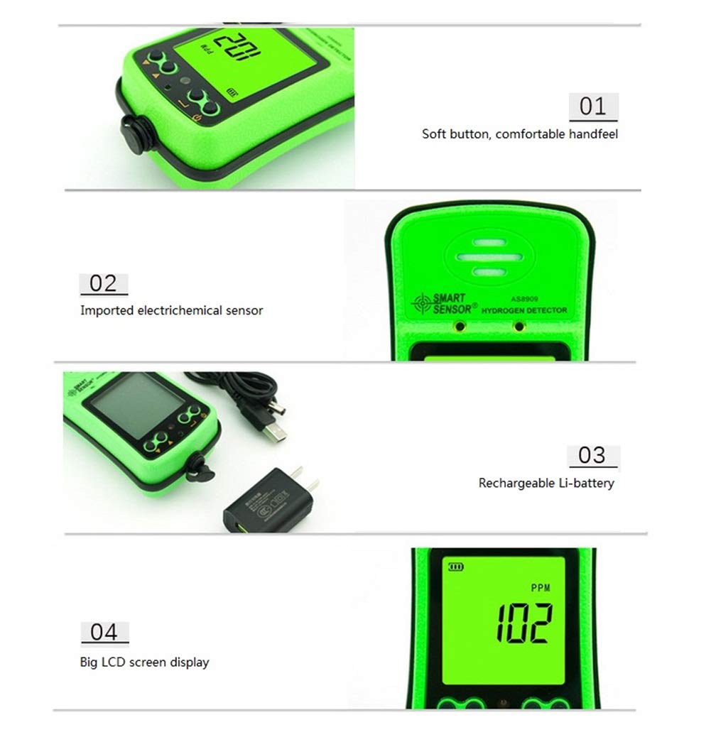 Portable H2 Gas Detector - 0-1000ppm LCD Digital Hydrogen Gas Monitor with Rechargeable Battery & Alarm - Handheld Hydrogen Meter Tester for Industrial Safety, Laboratory & Leak Detection